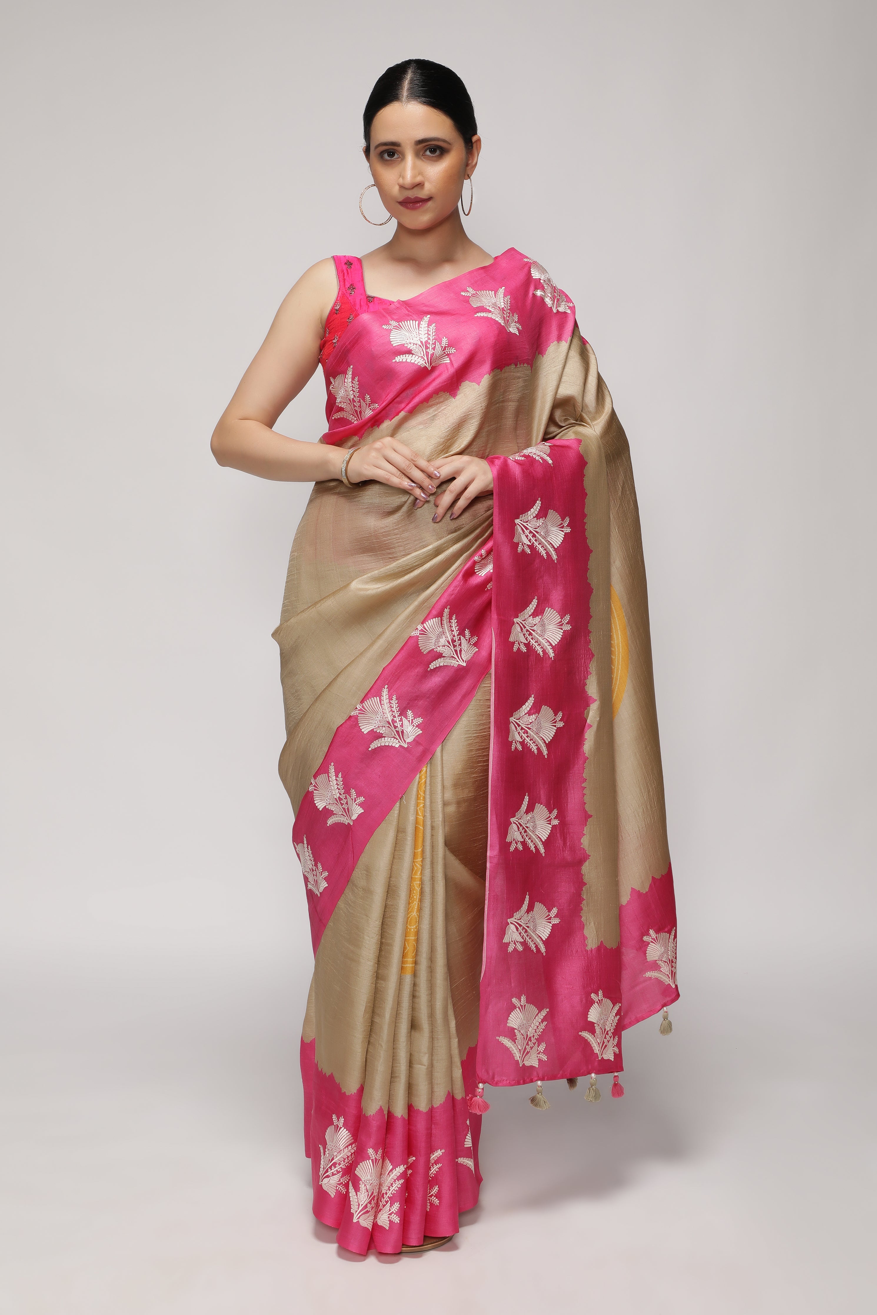 Chikoo and Pink Tussar Saree with Bandhani Print & Contrast Embroidery Border