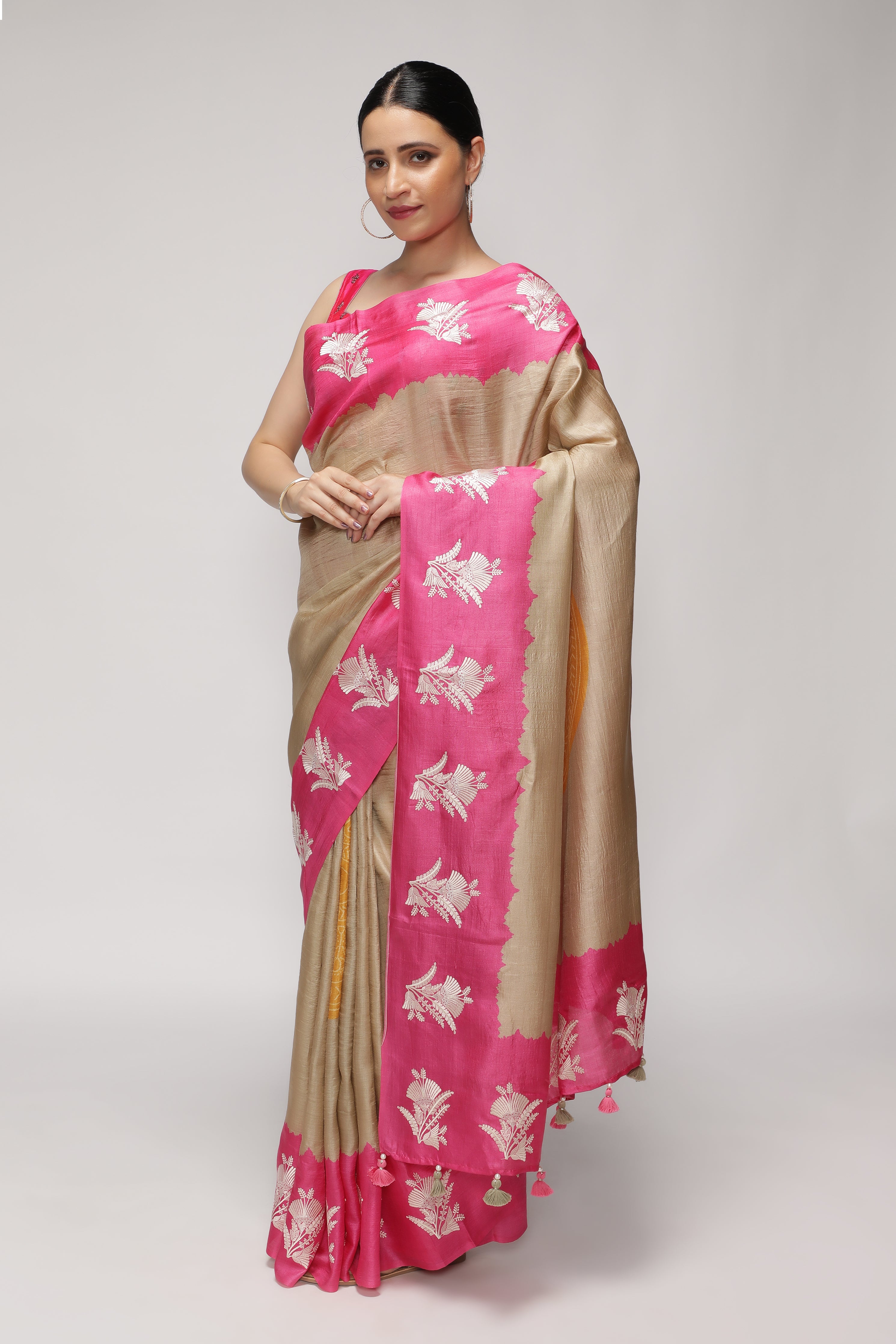 Chikoo and Pink Tussar Saree with Bandhani Print & Contrast Embroidery Border