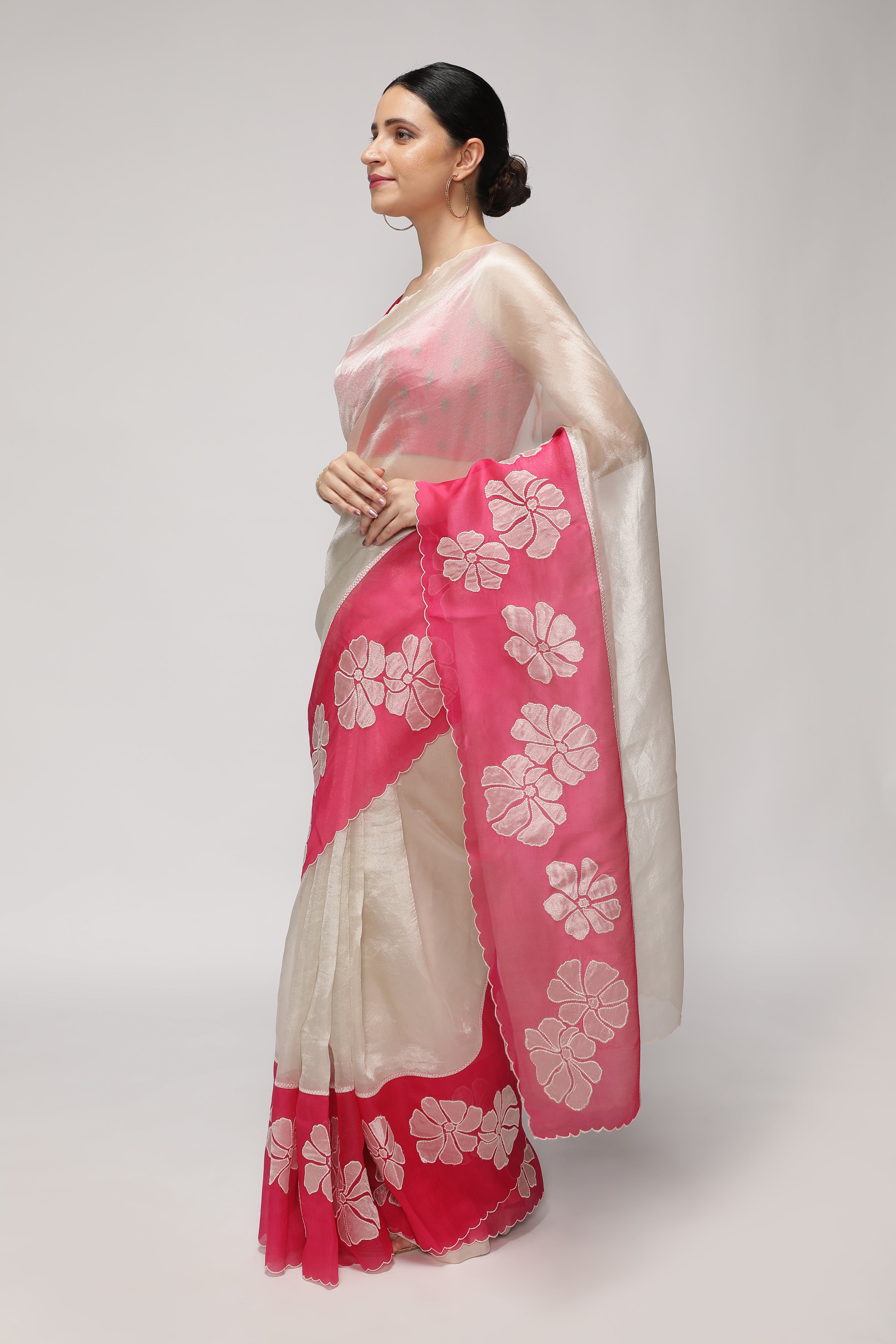Silver Pink Tissue Saree with Appliqué Work Border