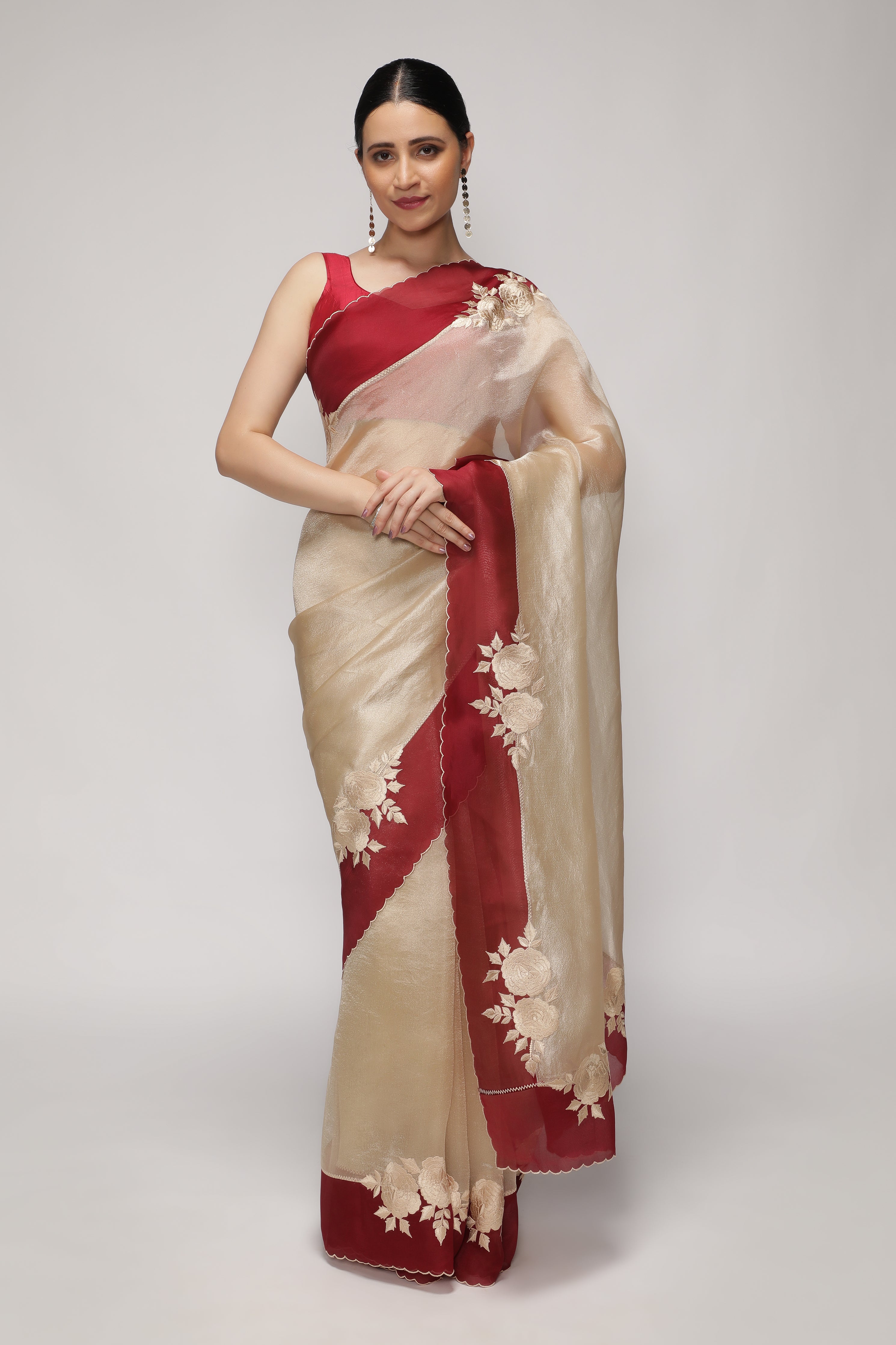 Silver Tissue Saree with Red Embroidered Floral Border