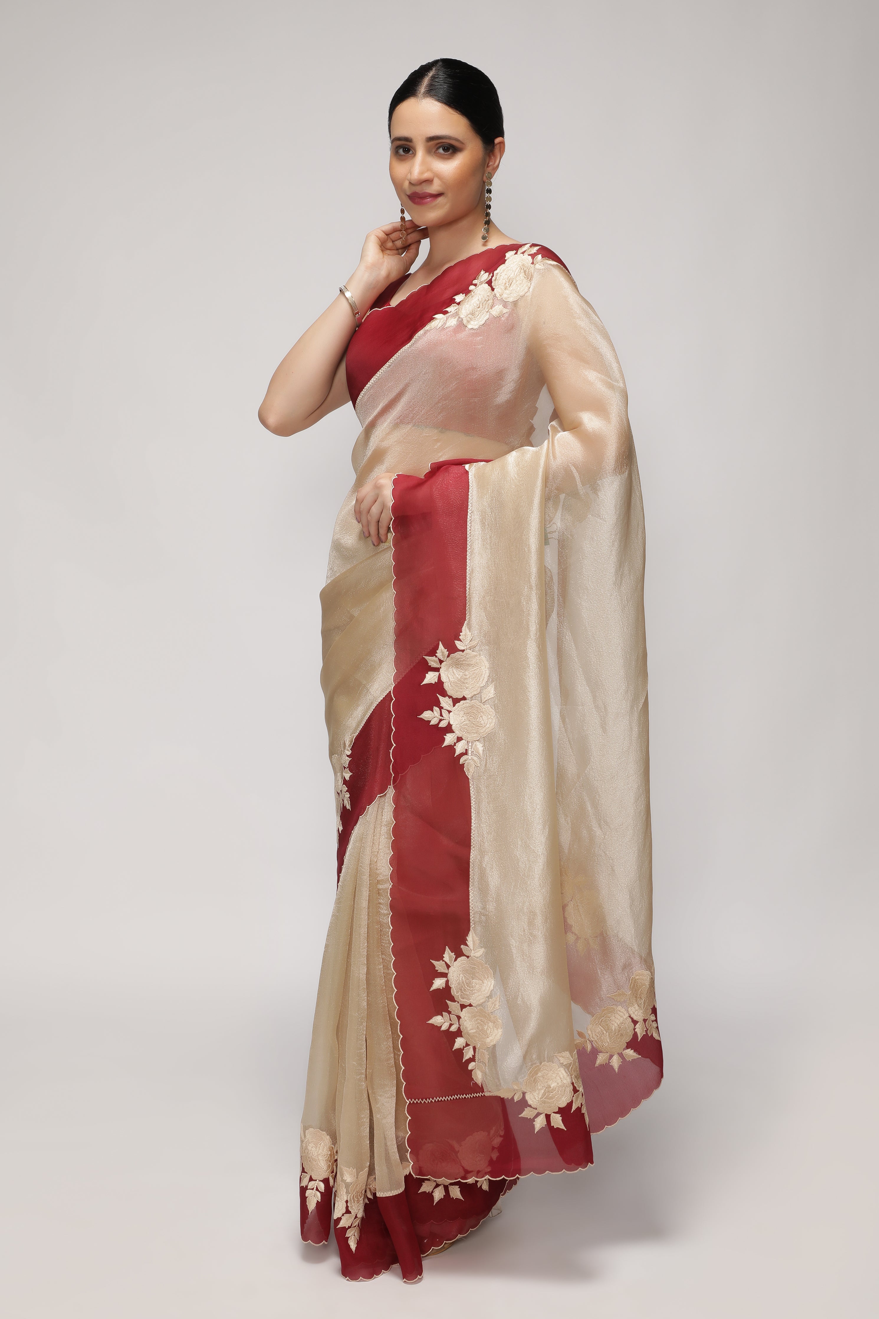Silver Tissue Saree with Red Embroidered Floral Border