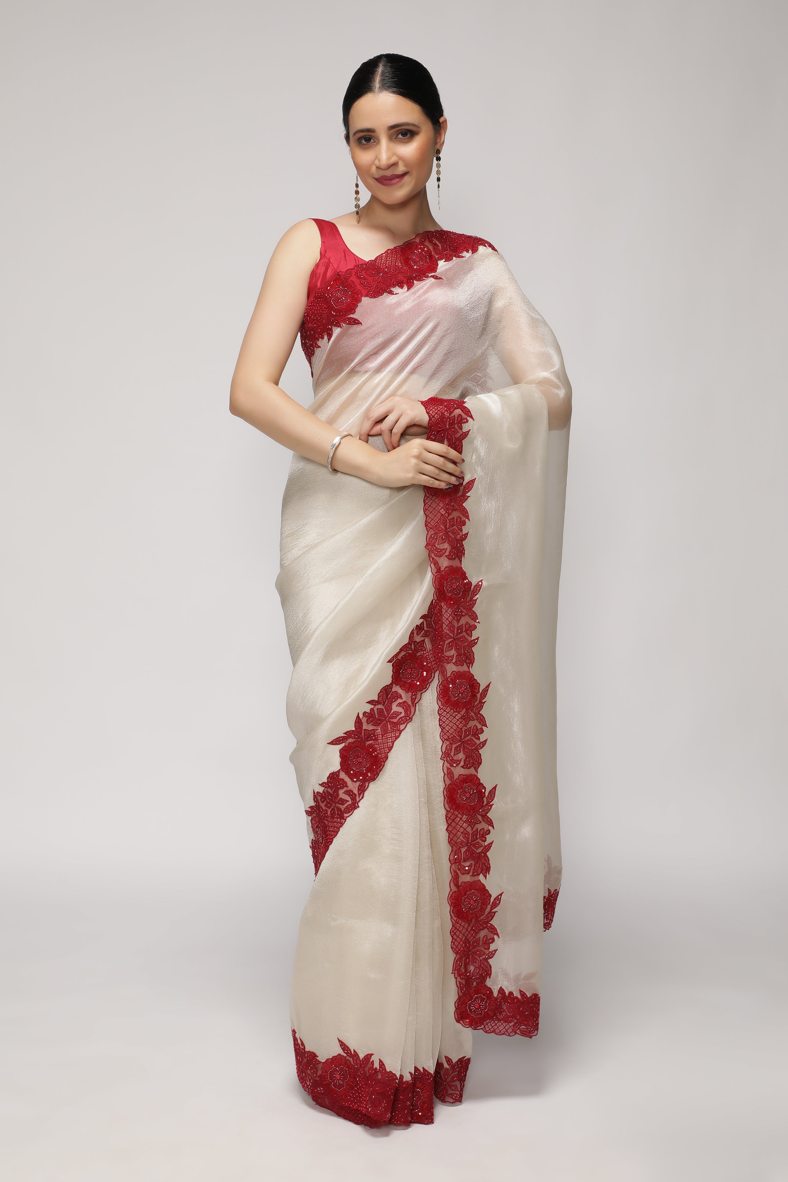 Silver Tissue Saree with Contrast Red Net Embroidery Border