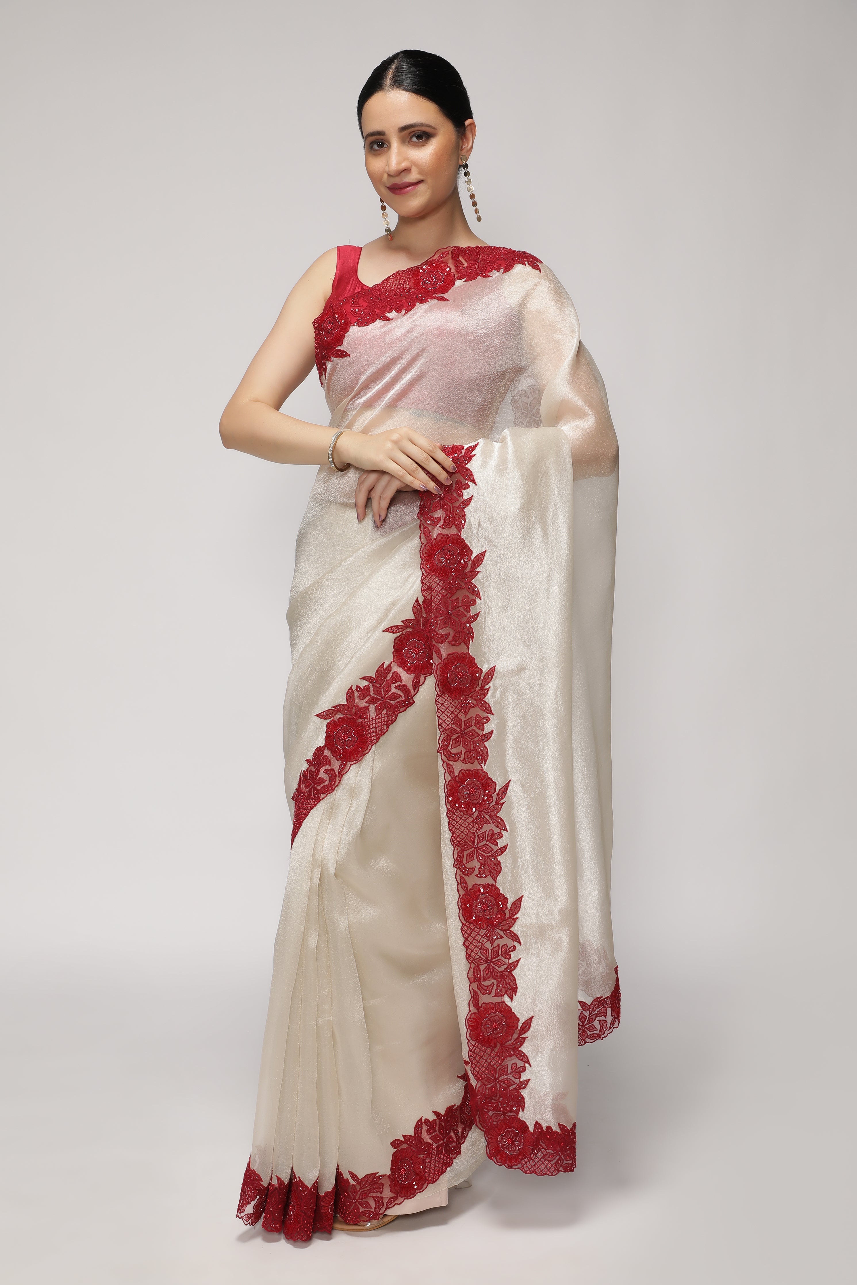 Silver Tissue Saree with Contrast Red Net Embroidery Border