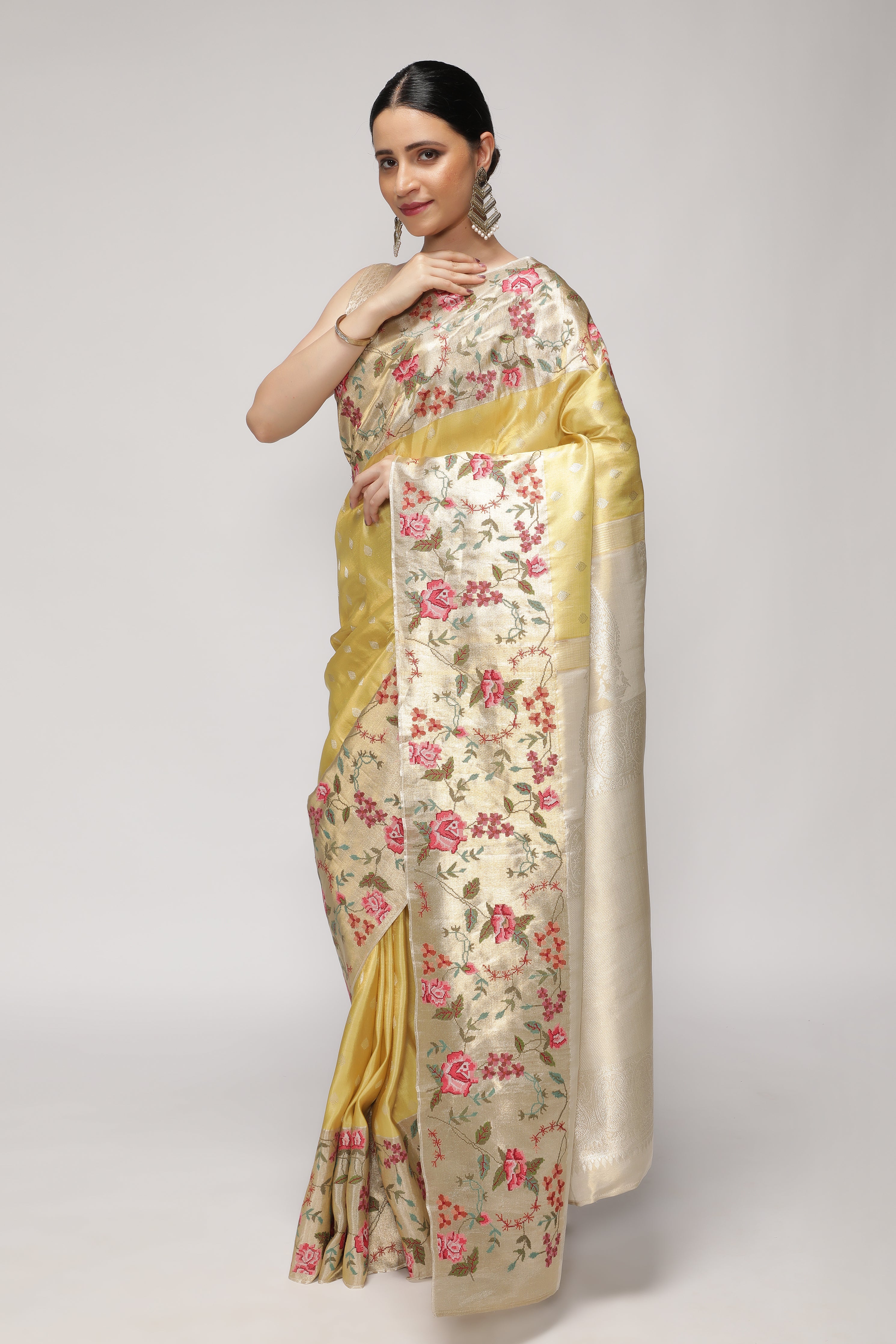Mustard Yellow Kanchipuram Tissue Silk Saree with Zari Weaving and Contrast Embroidery Borde