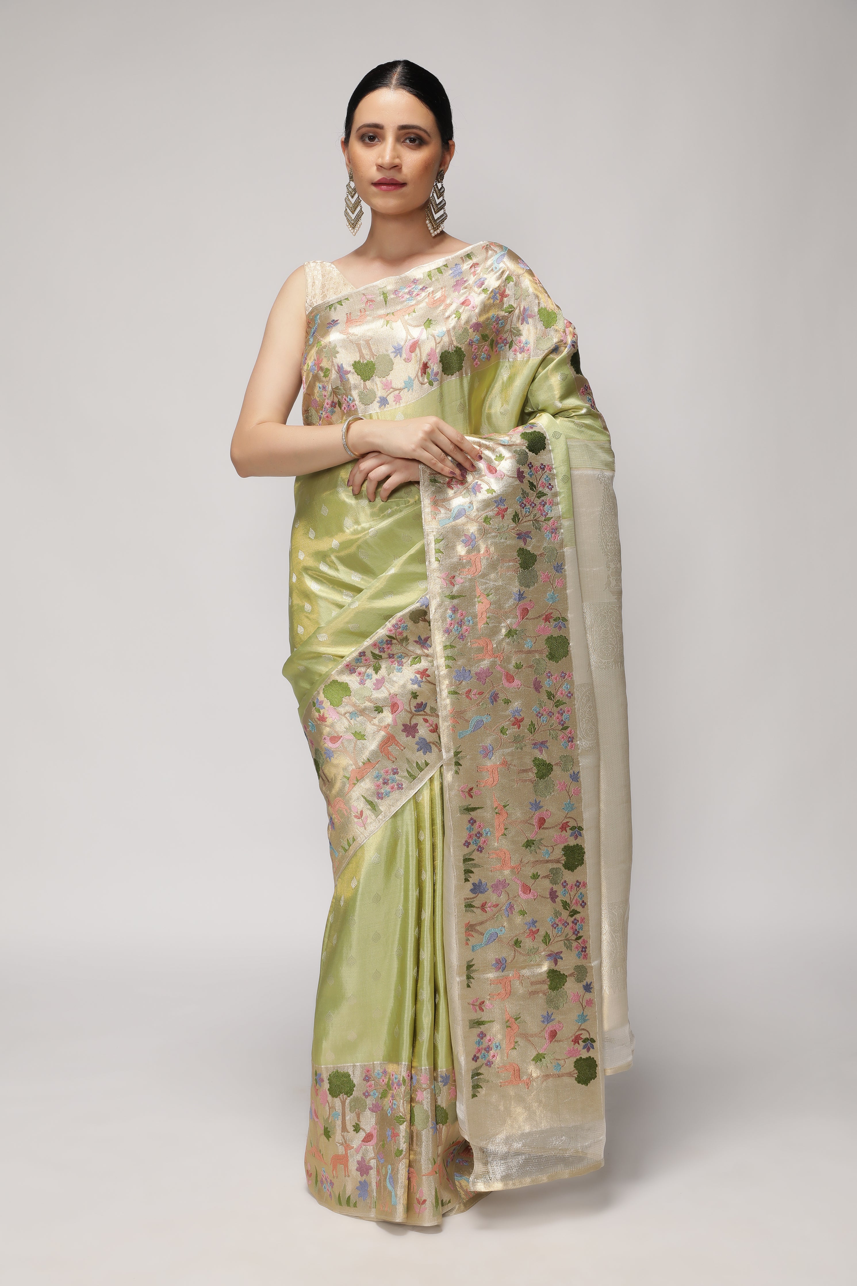 Green Kanchipuram Tissue Silk Saree with All-Over Zari Weaving and Contrast Embroidery Border