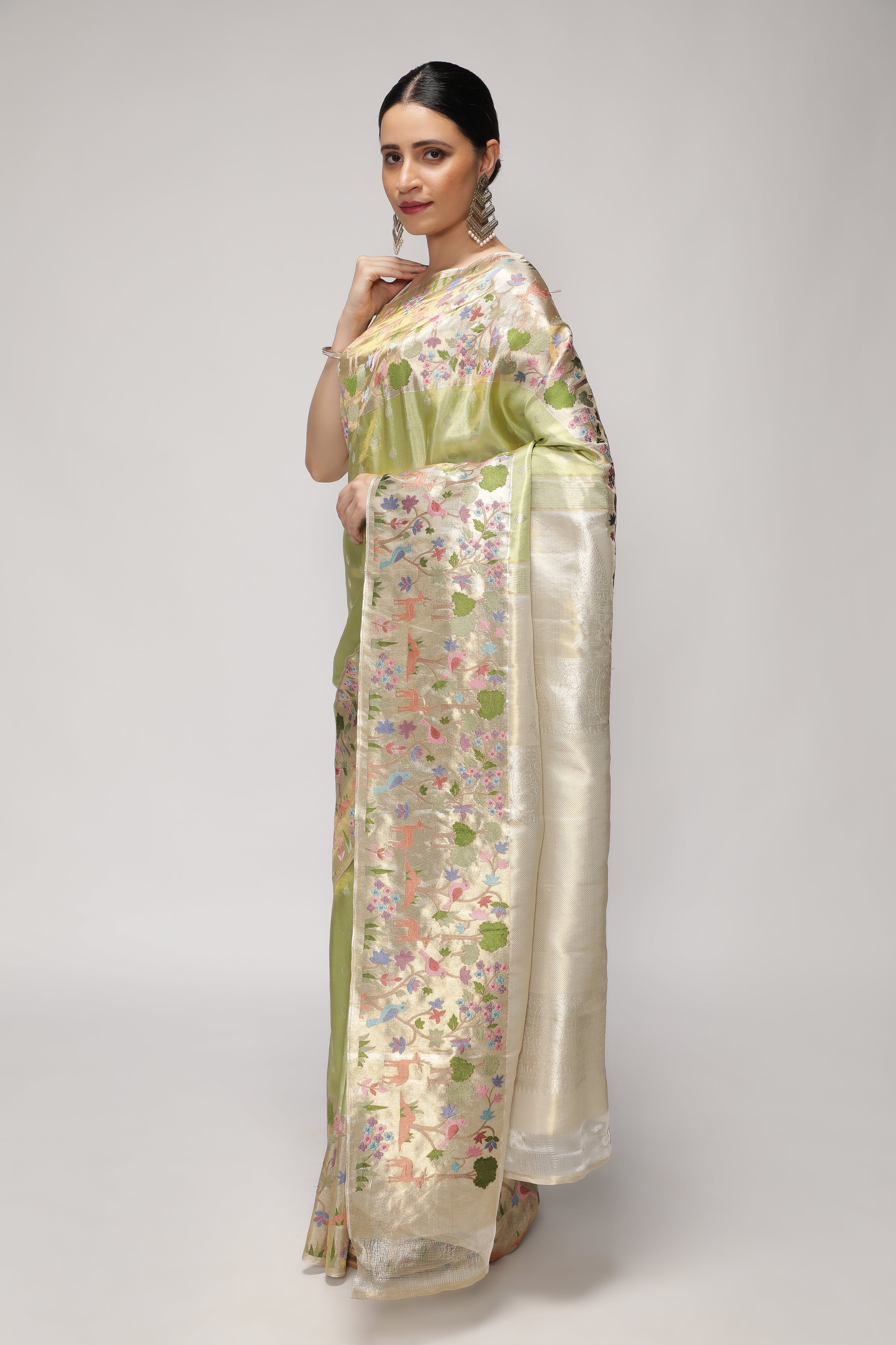Green Kanchipuram Tissue Silk Saree with All-Over Zari Weaving and Contrast Embroidery Border
