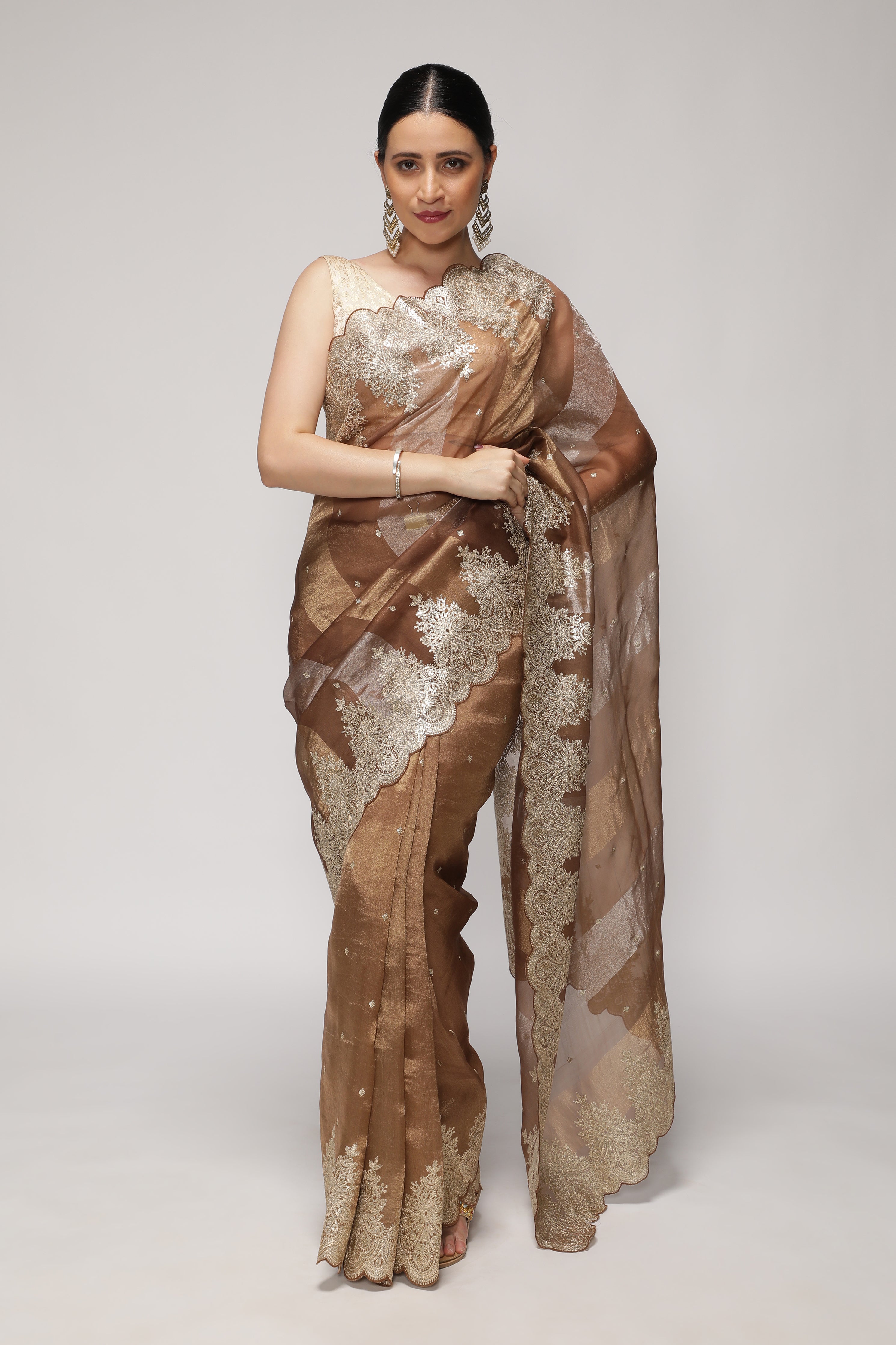Brown Organza Saree with Zari Stripes, Sequins Highlights & Zari Embroidered Border