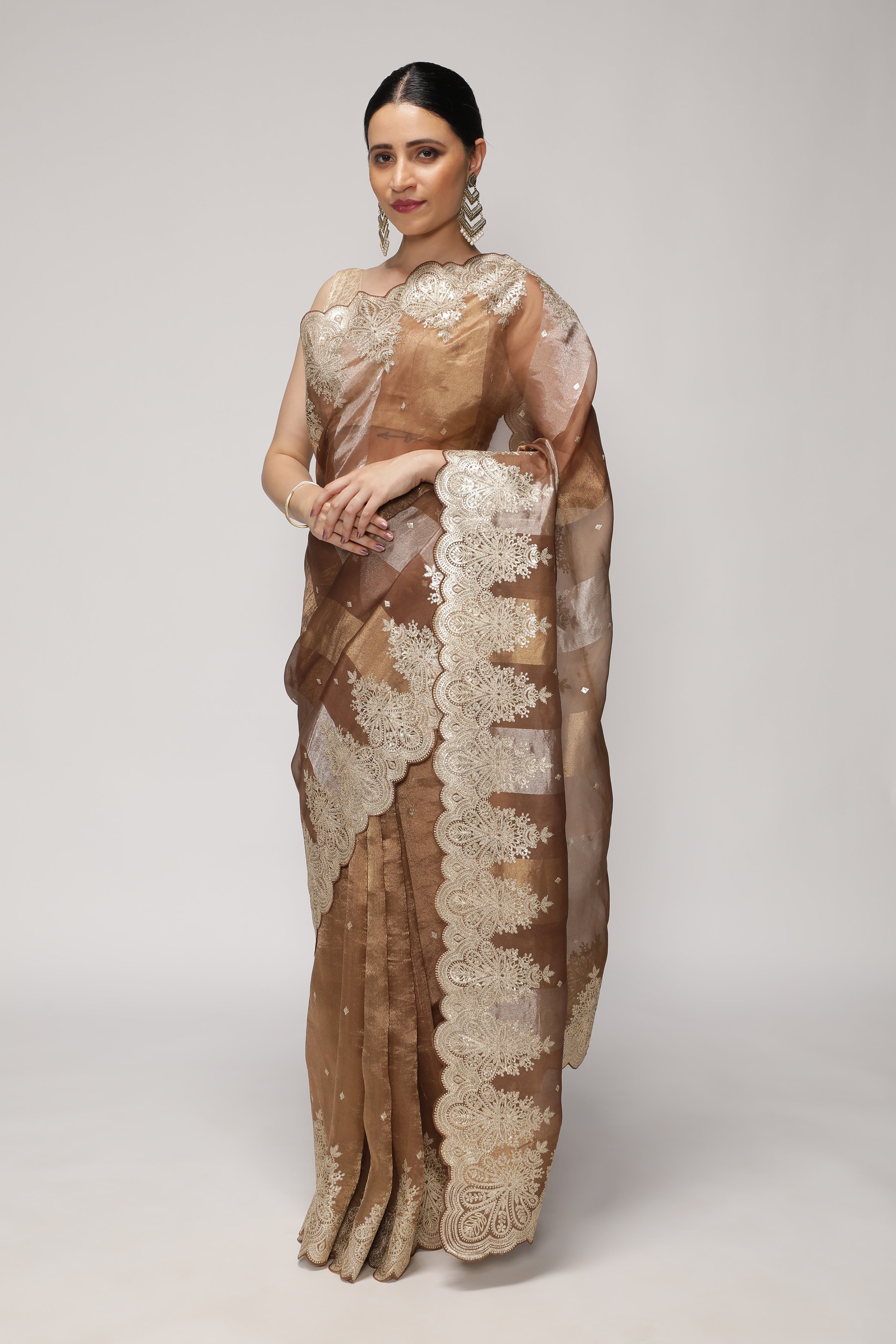 Brown Organza Saree with Zari Stripes, Sequins Highlights & Zari Embroidered Border