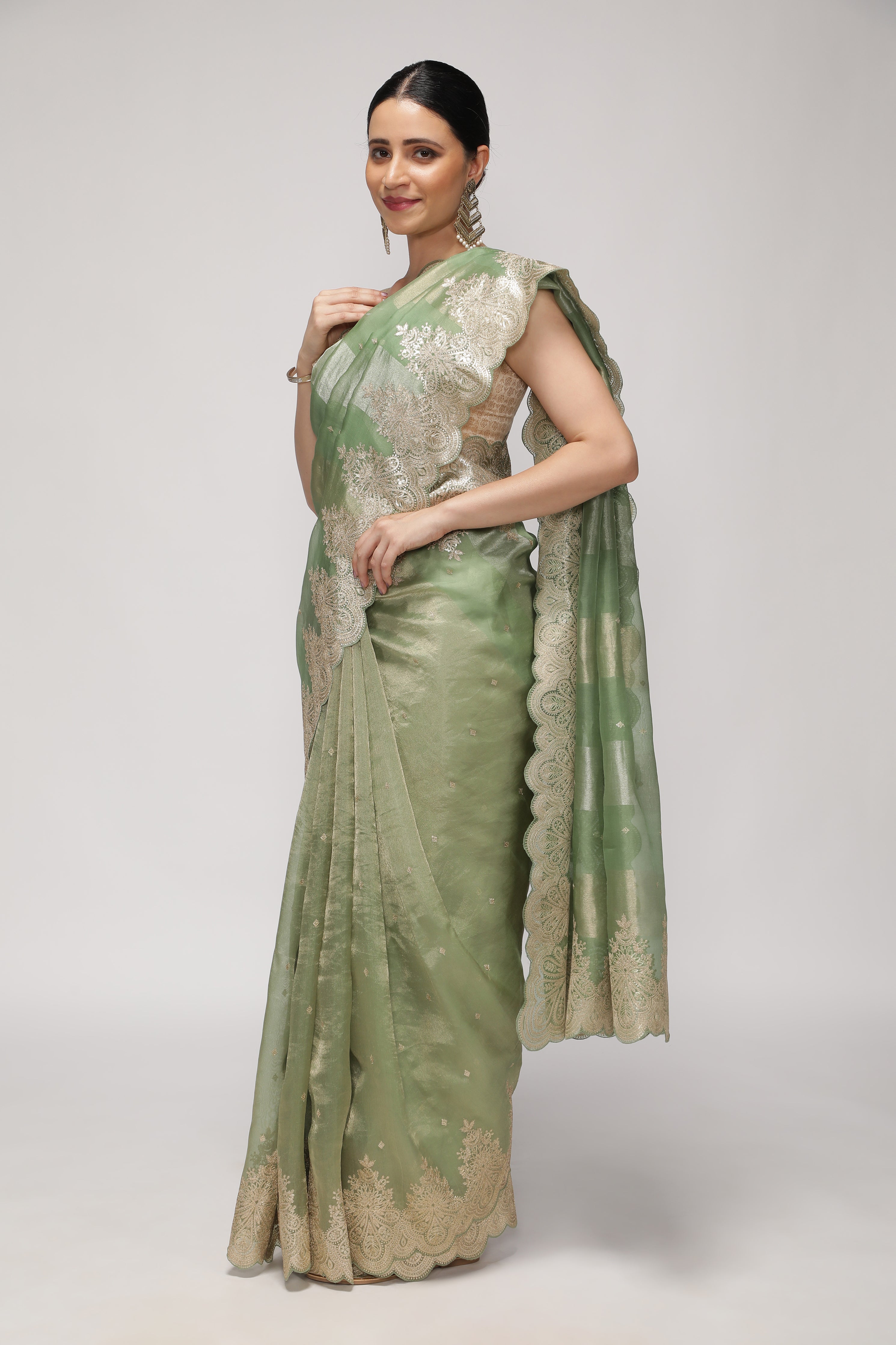Mint Green Organza Saree with Zari Stripes, Sequins Highlight & Zari-Embroidered Border