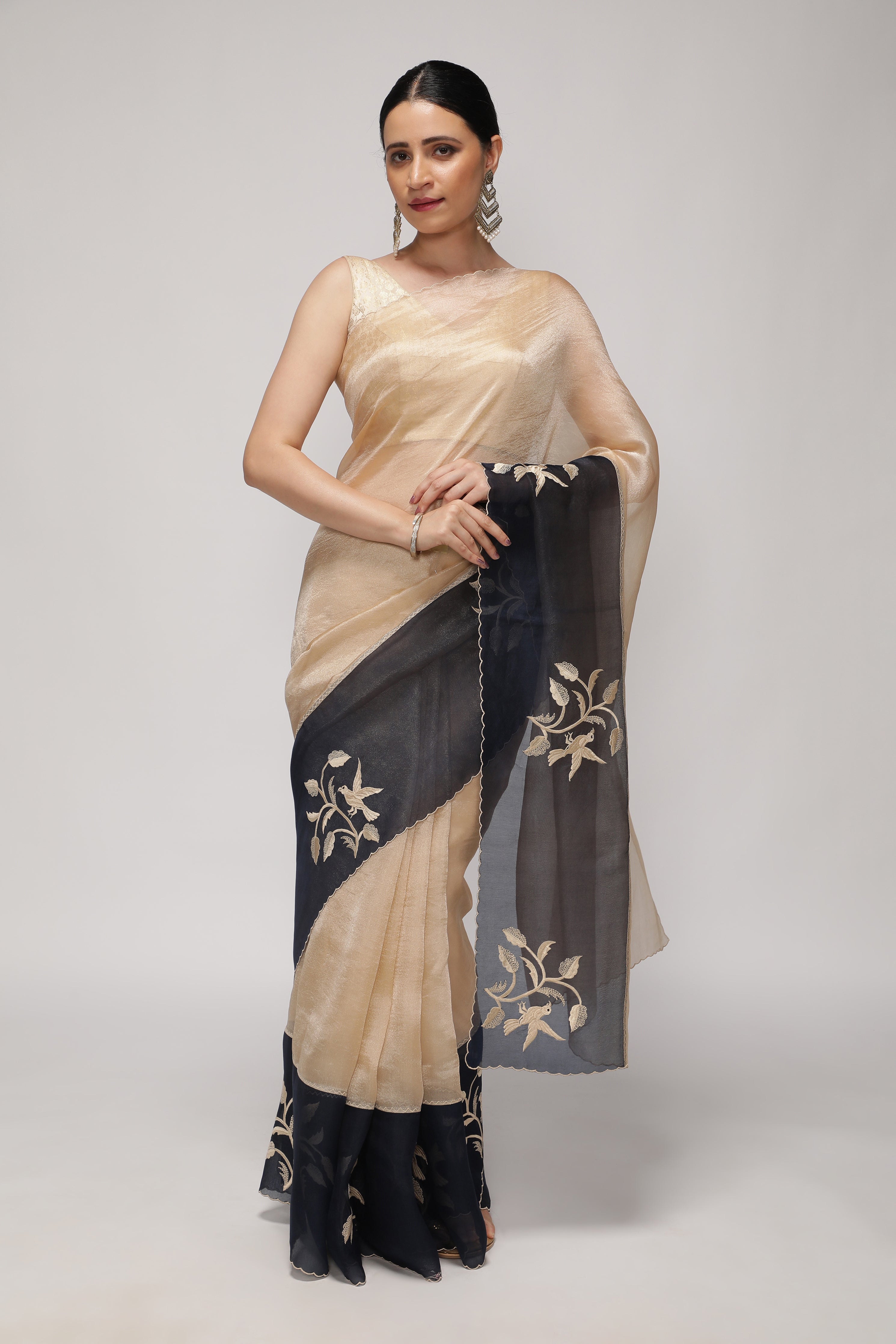 Ivory Tissue Saree with Contrast Blue Kora Thread Work Border