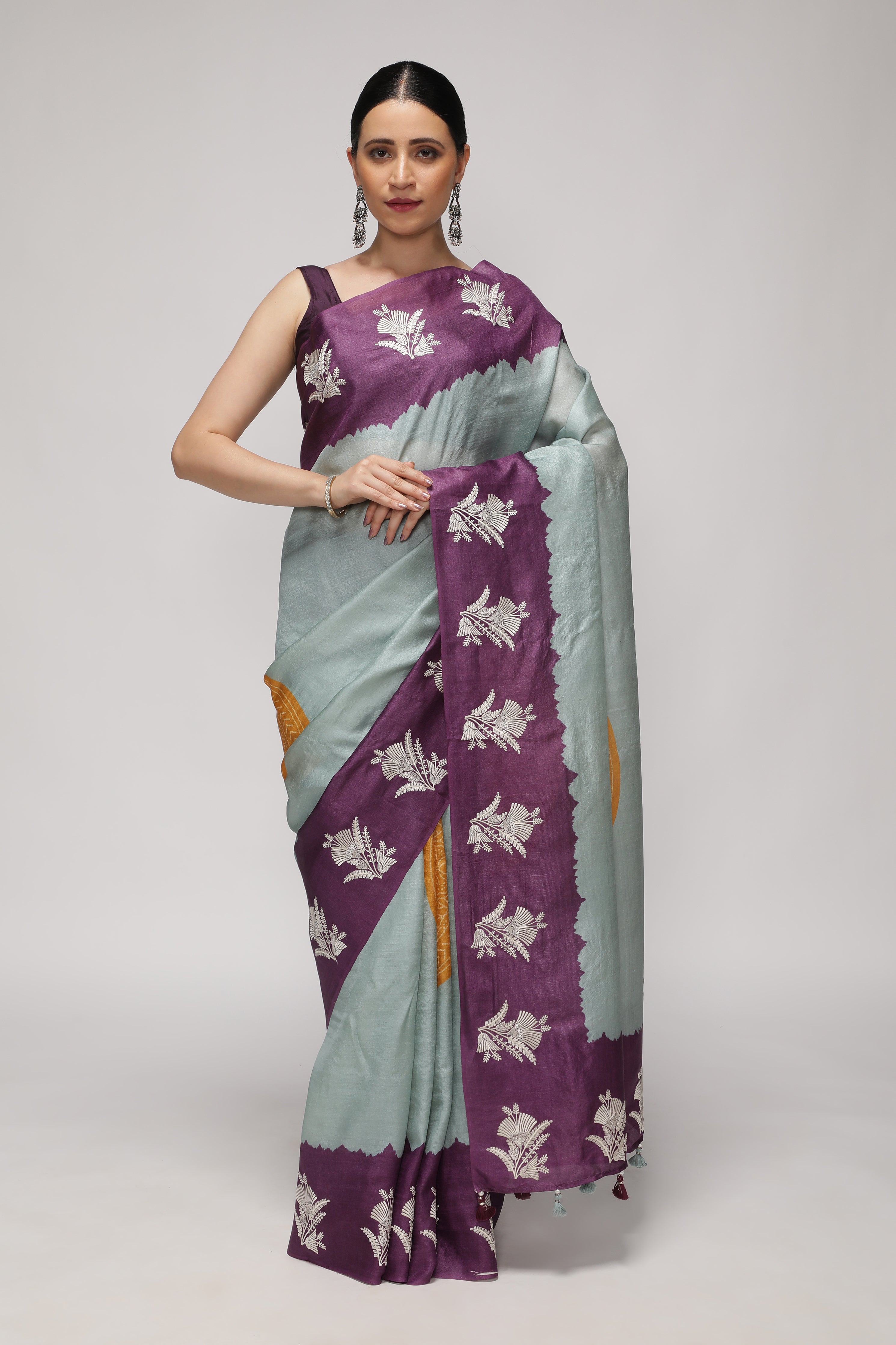 Powder Blue Tussar Saree with Purple Bandhani Print & Contrast Thread Embroidery Border