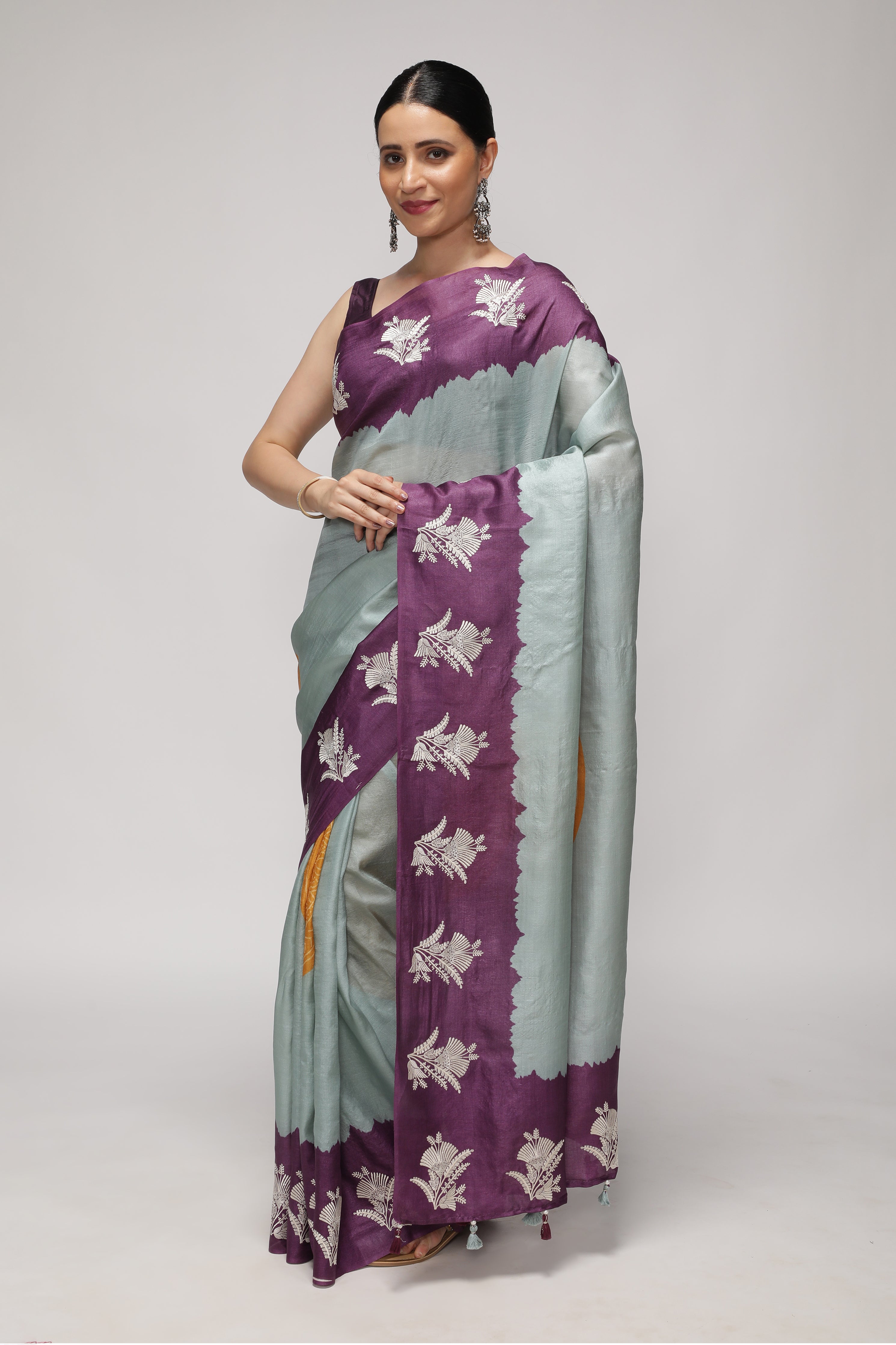 Powder Blue Tussar Saree with Purple Bandhani Print & Contrast Thread Embroidery Border