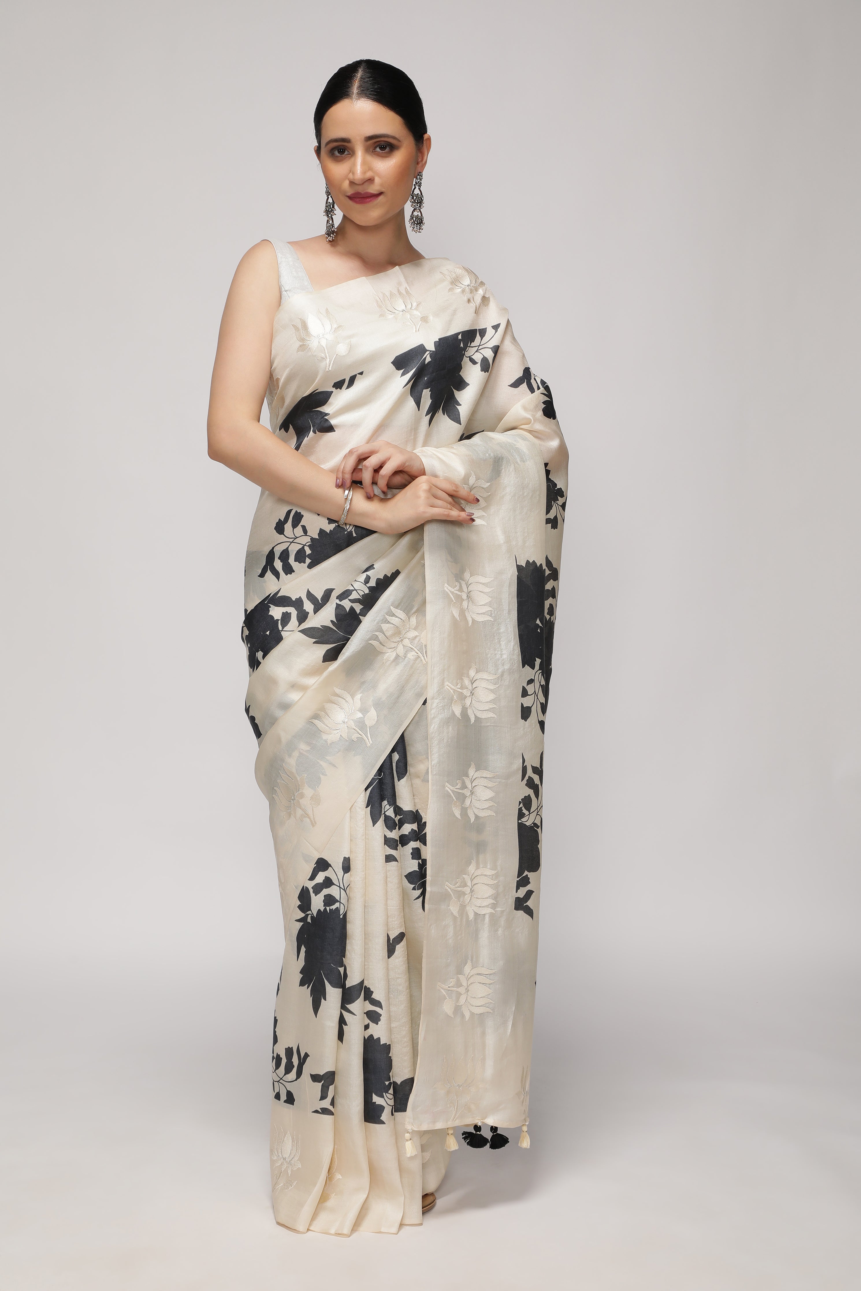 Off White Tussar Saree with All-Over Floral Print & Contrast White Thread Work Border