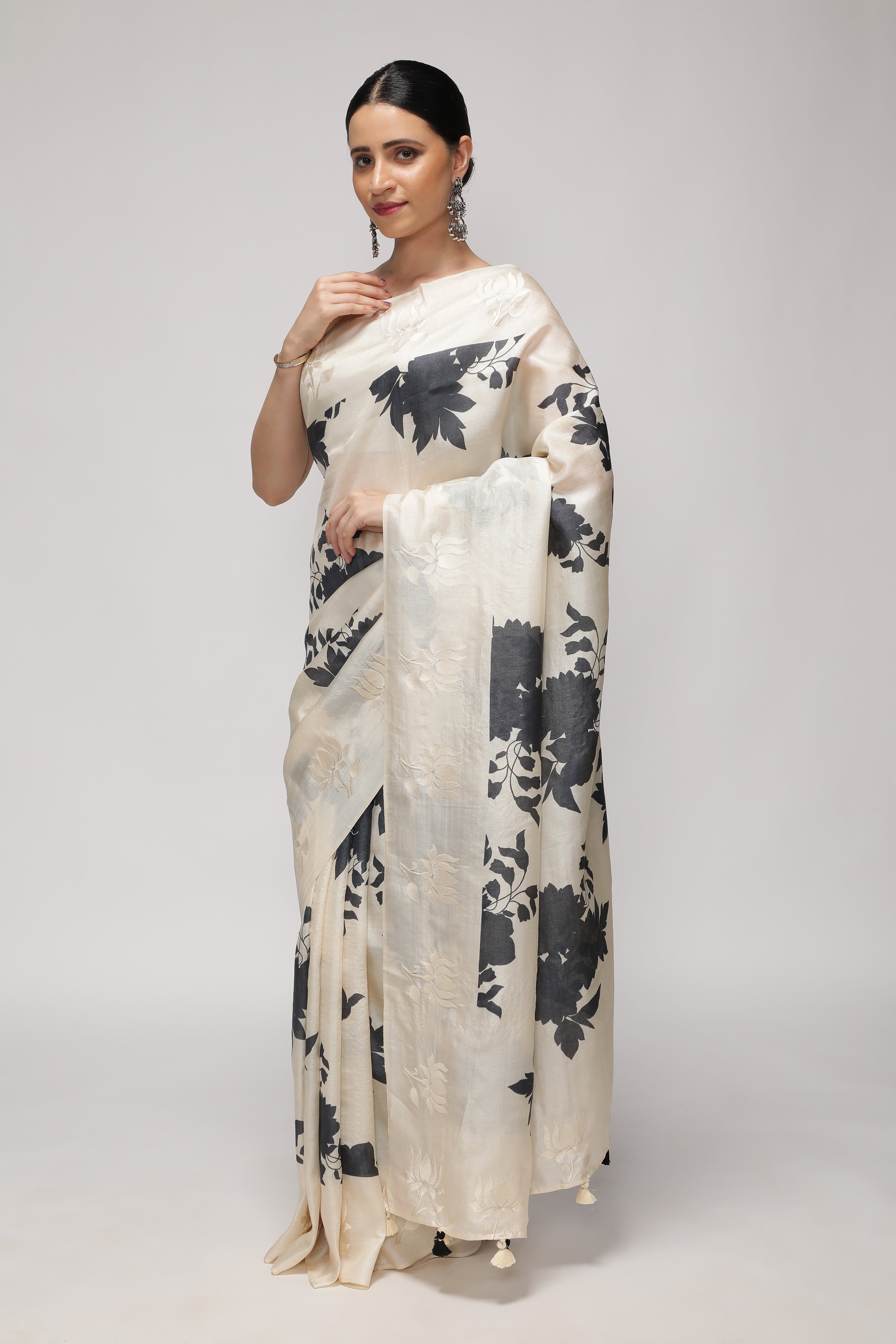Off White Tussar Saree with All-Over Floral Print & Contrast White Thread Work Border