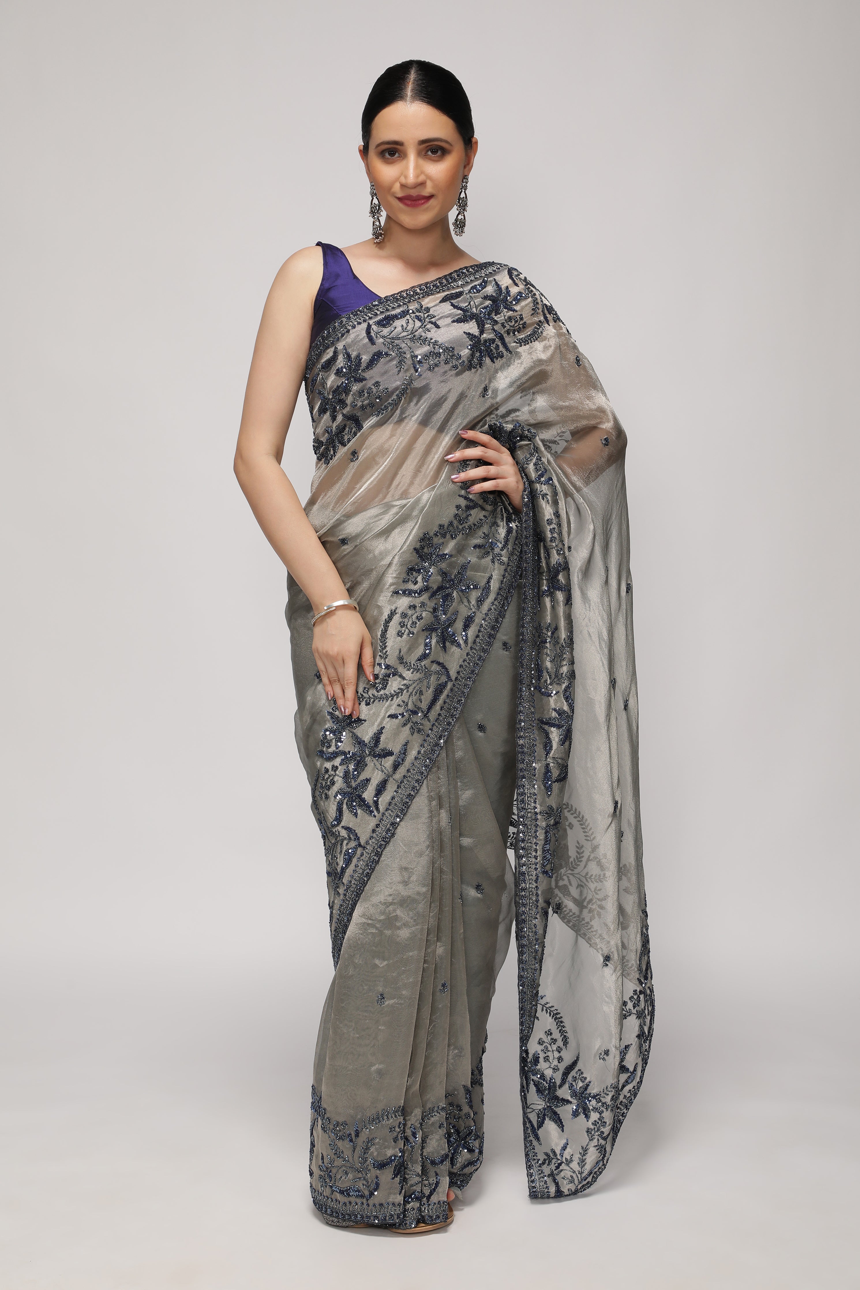 Muted Silver Tissue Saree with Blue Sequin & Bead Embroidery