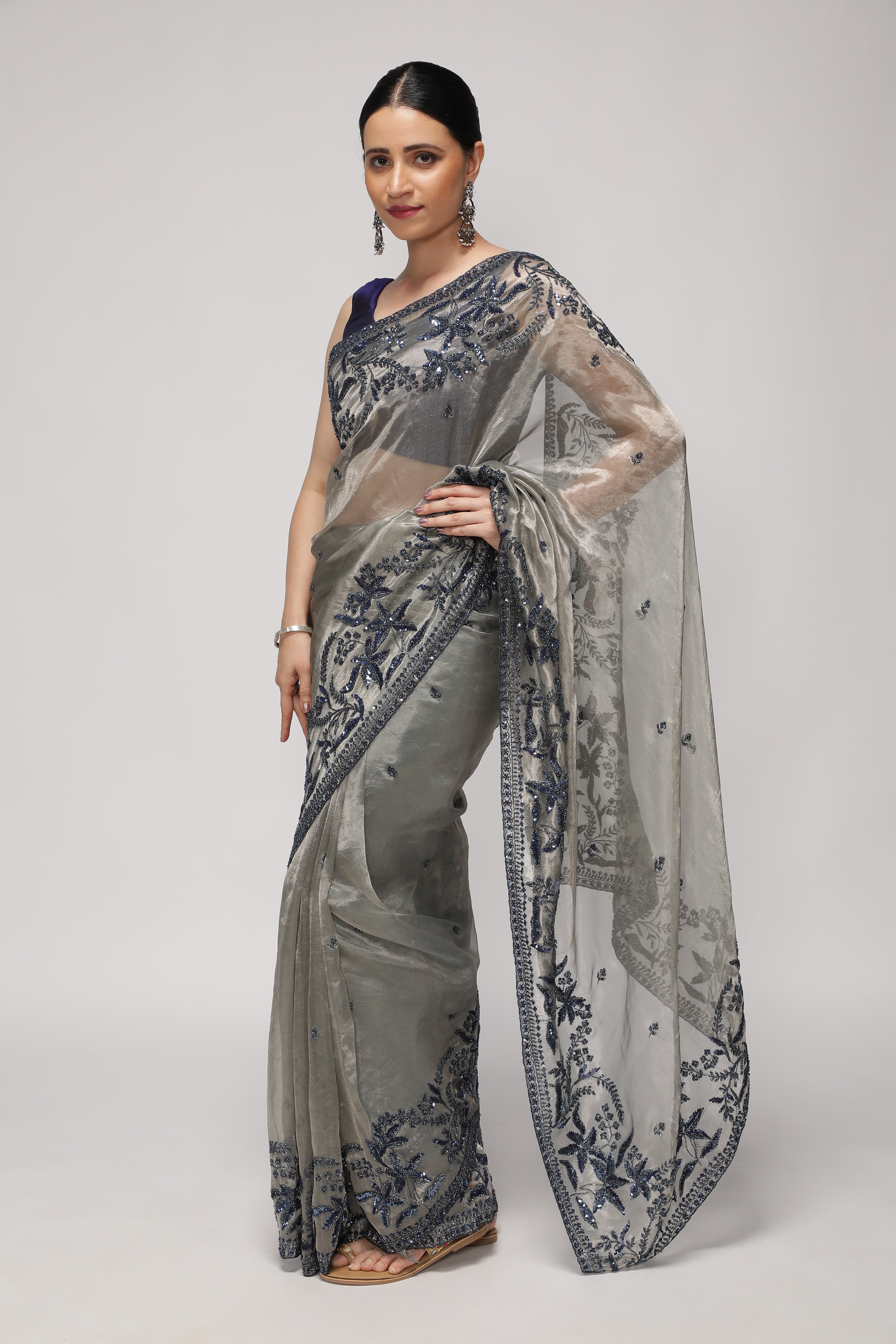 Muted Silver Tissue Saree with Blue Sequin & Bead Embroidery