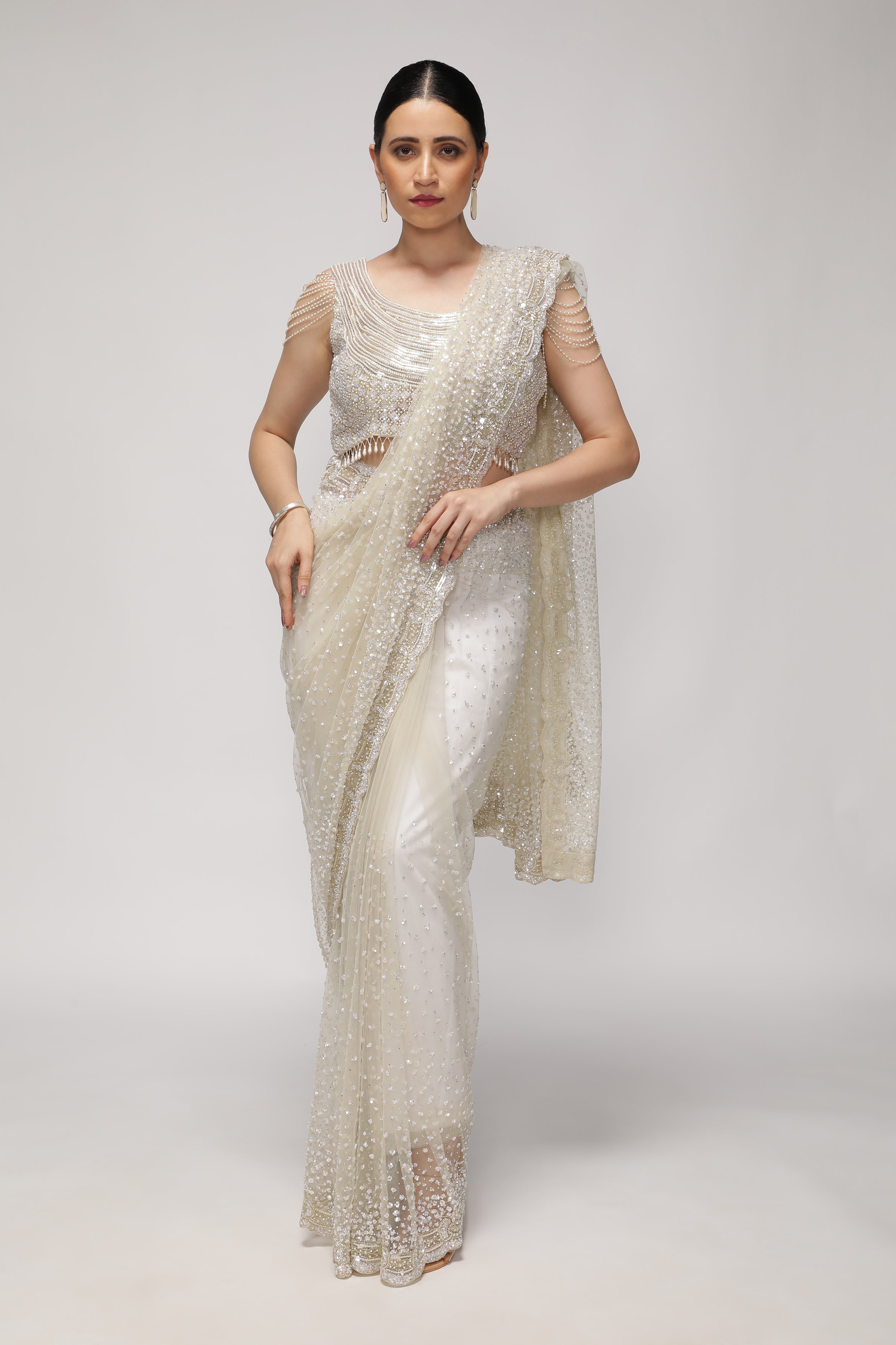 White Net Saree with All-Over Sequin & Pearl Scallop Border