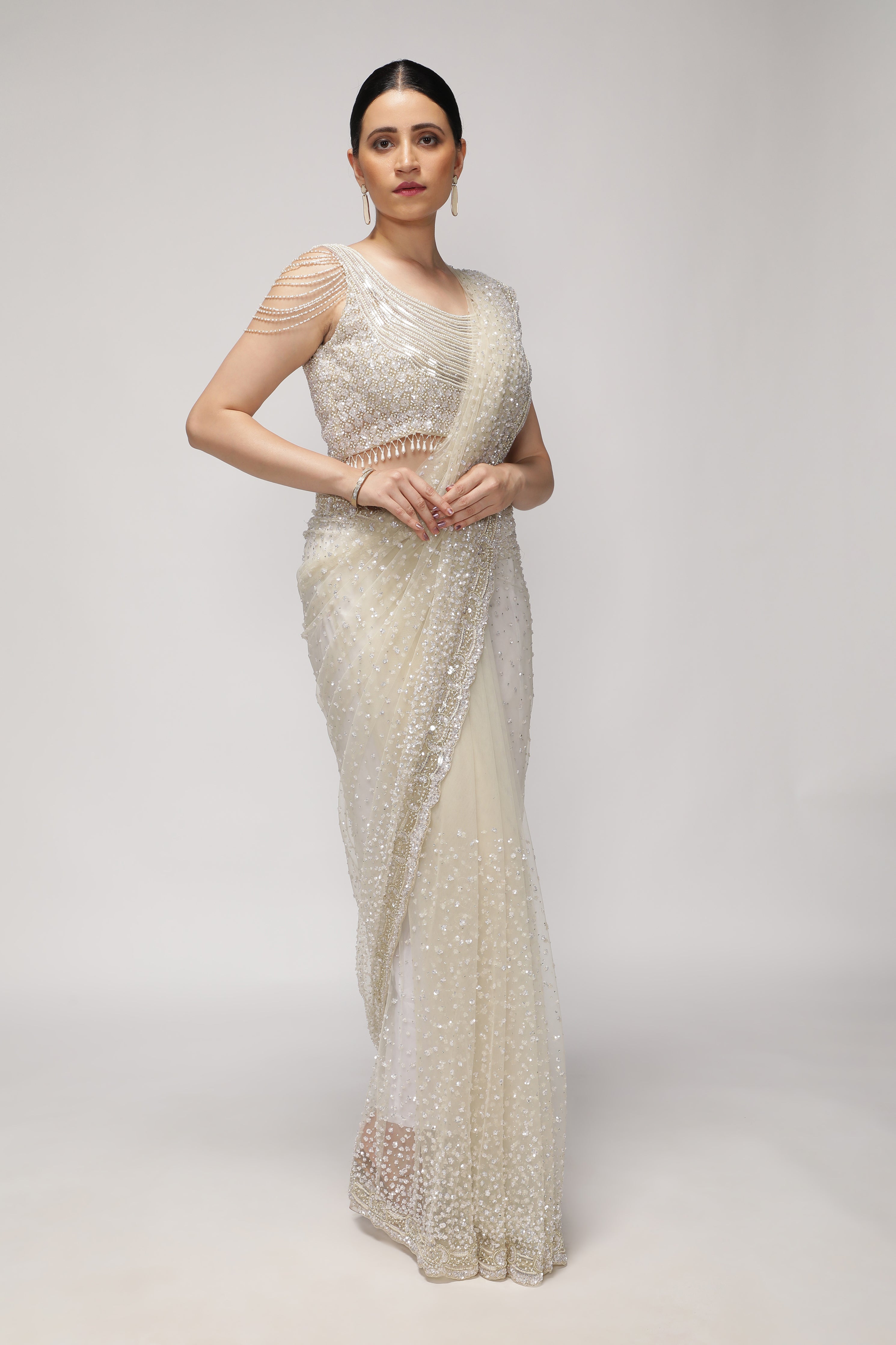 White Net Saree with All-Over Sequin & Pearl Scallop Border