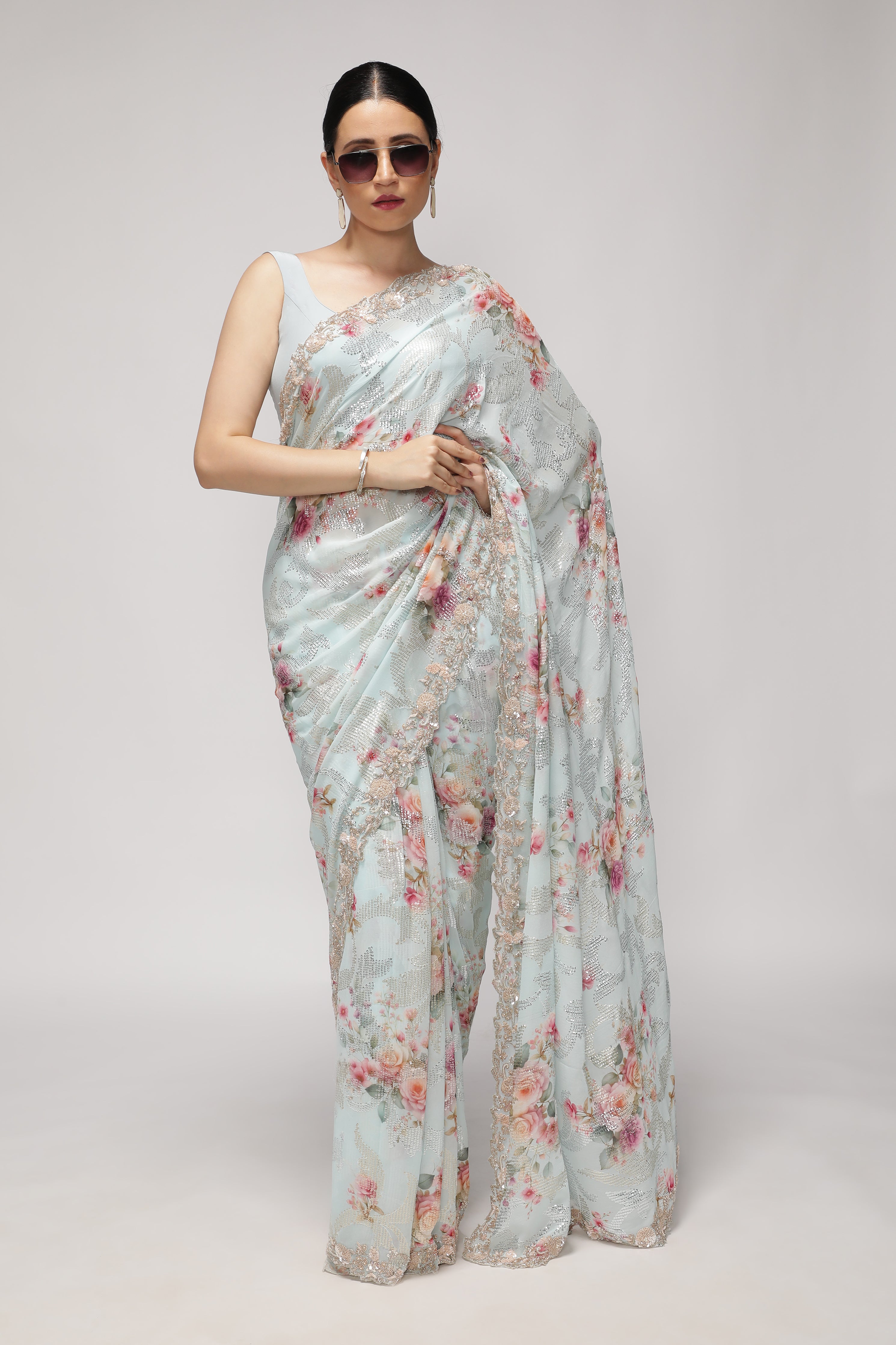 Sky Blue Georgette Saree with All-Over Print, Sequins & Scallop Border