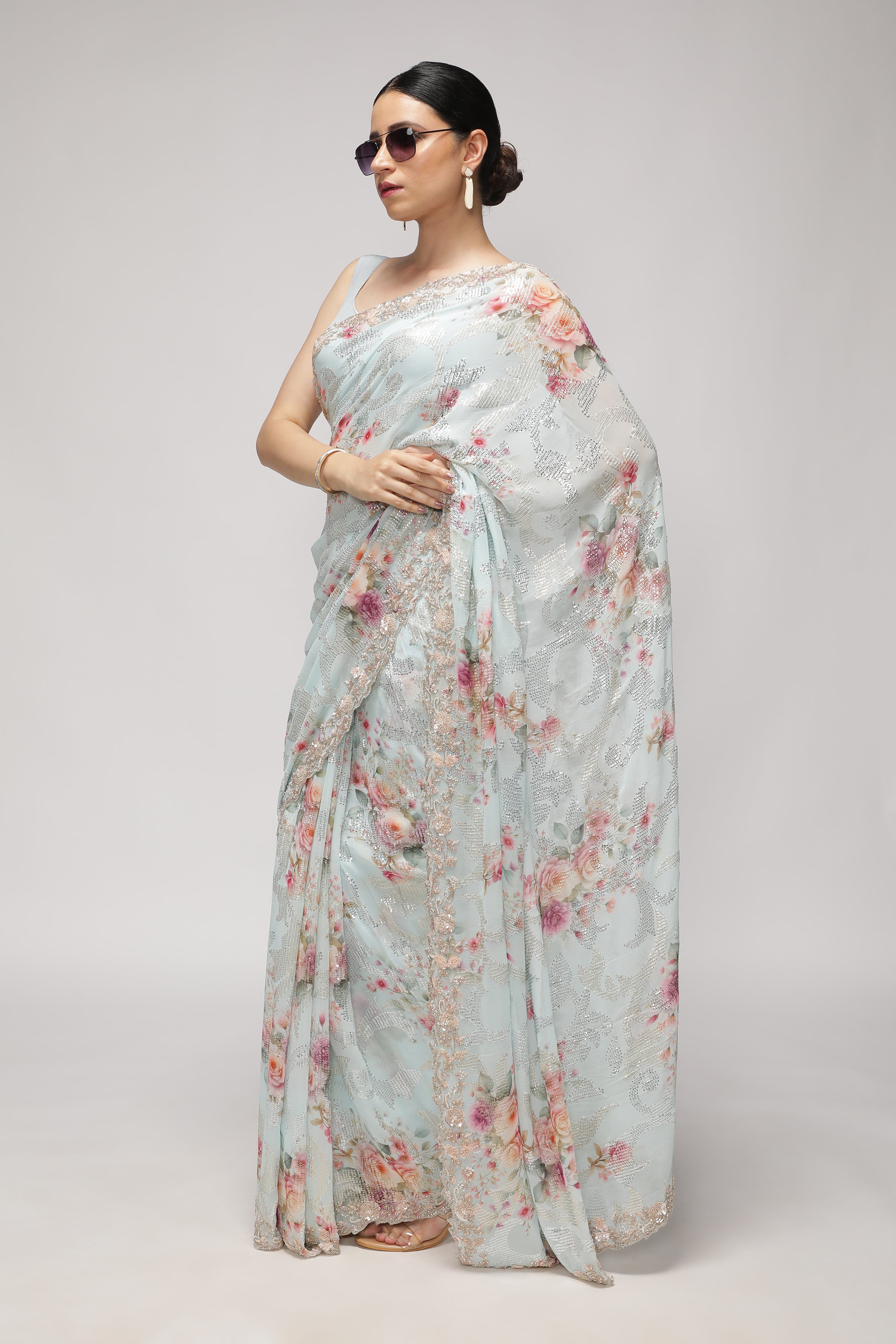 Sky Blue Georgette Saree with All-Over Print, Sequins & Scallop Border