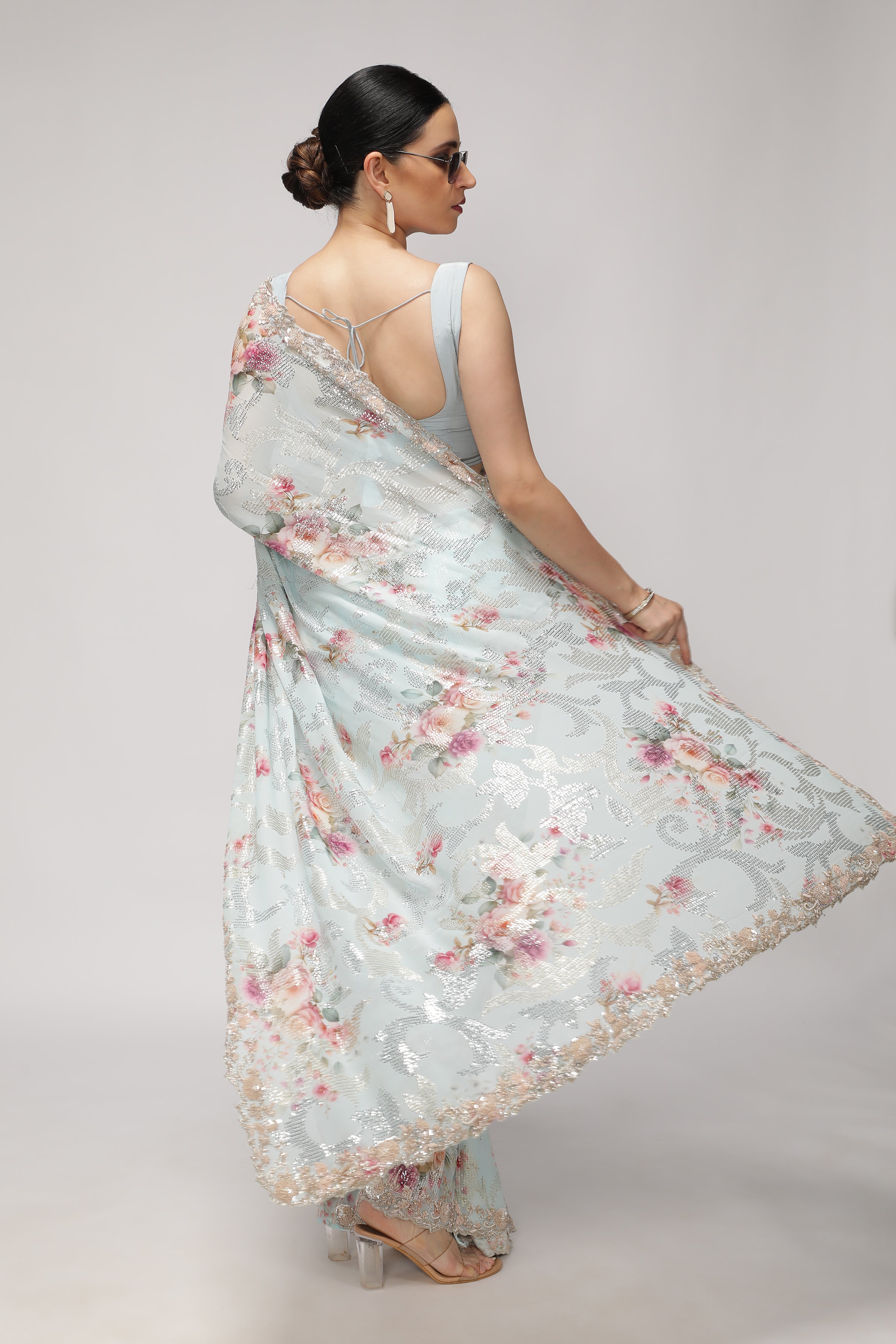 Sky Blue Georgette Saree with All-Over Print, Sequins & Scallop Border