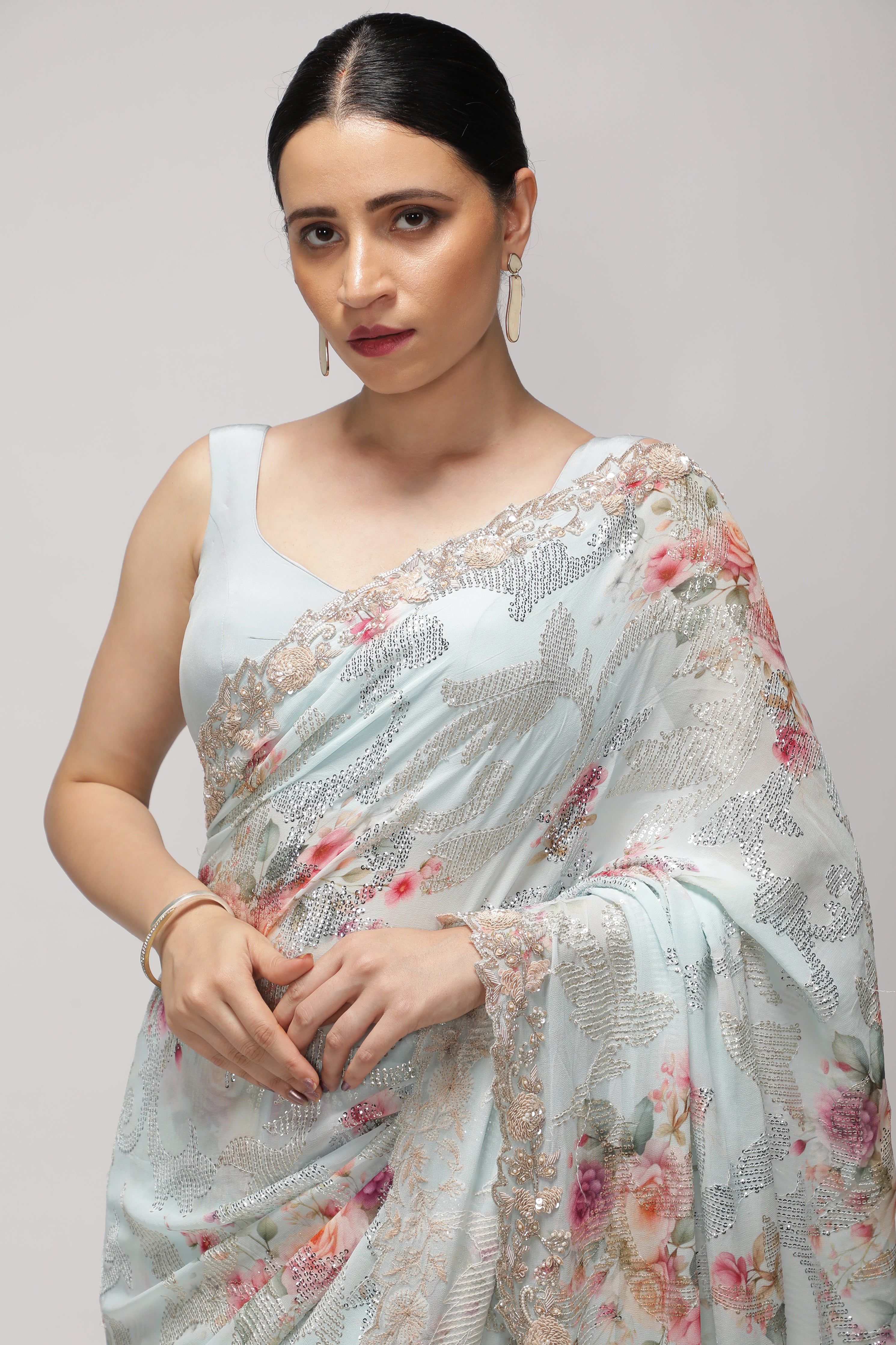 Sky Blue Georgette Saree with All-Over Print, Sequins & Scallop Border