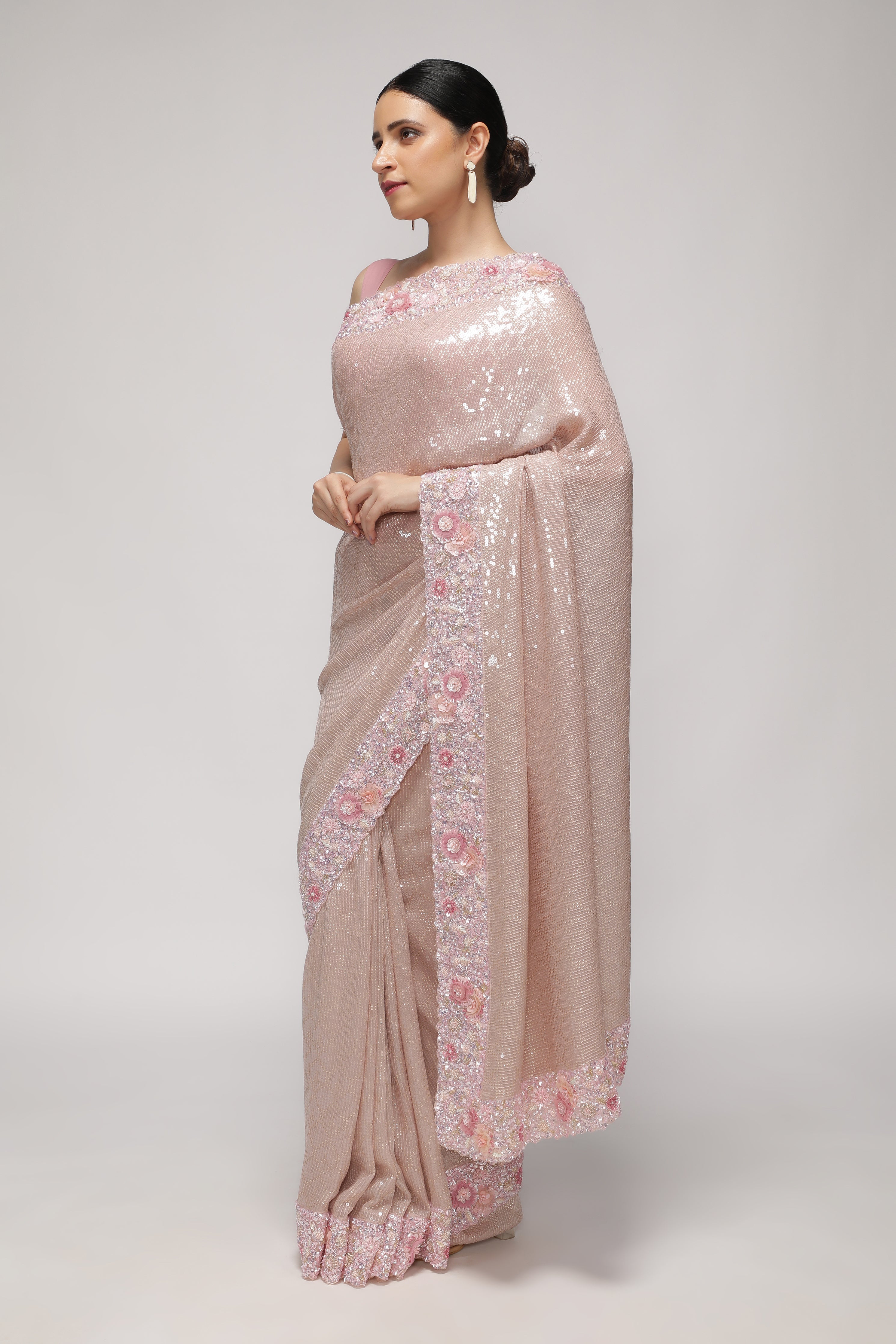 Onion Pink Georgette Saree with Sequin, Pearl & Bead Embroidery Border