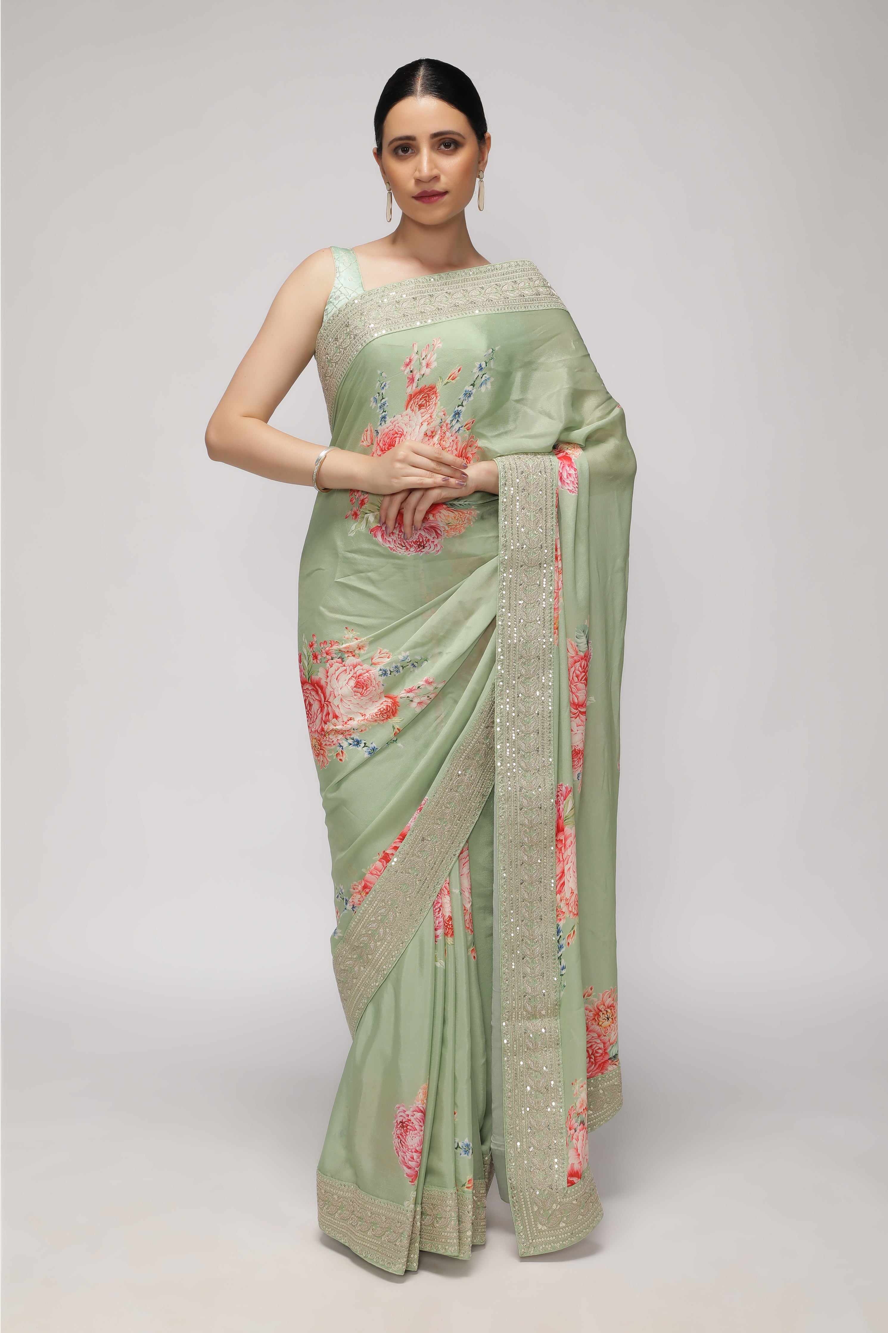 Green Crepe Georgette Saree with Floral Print & Aari Work Border