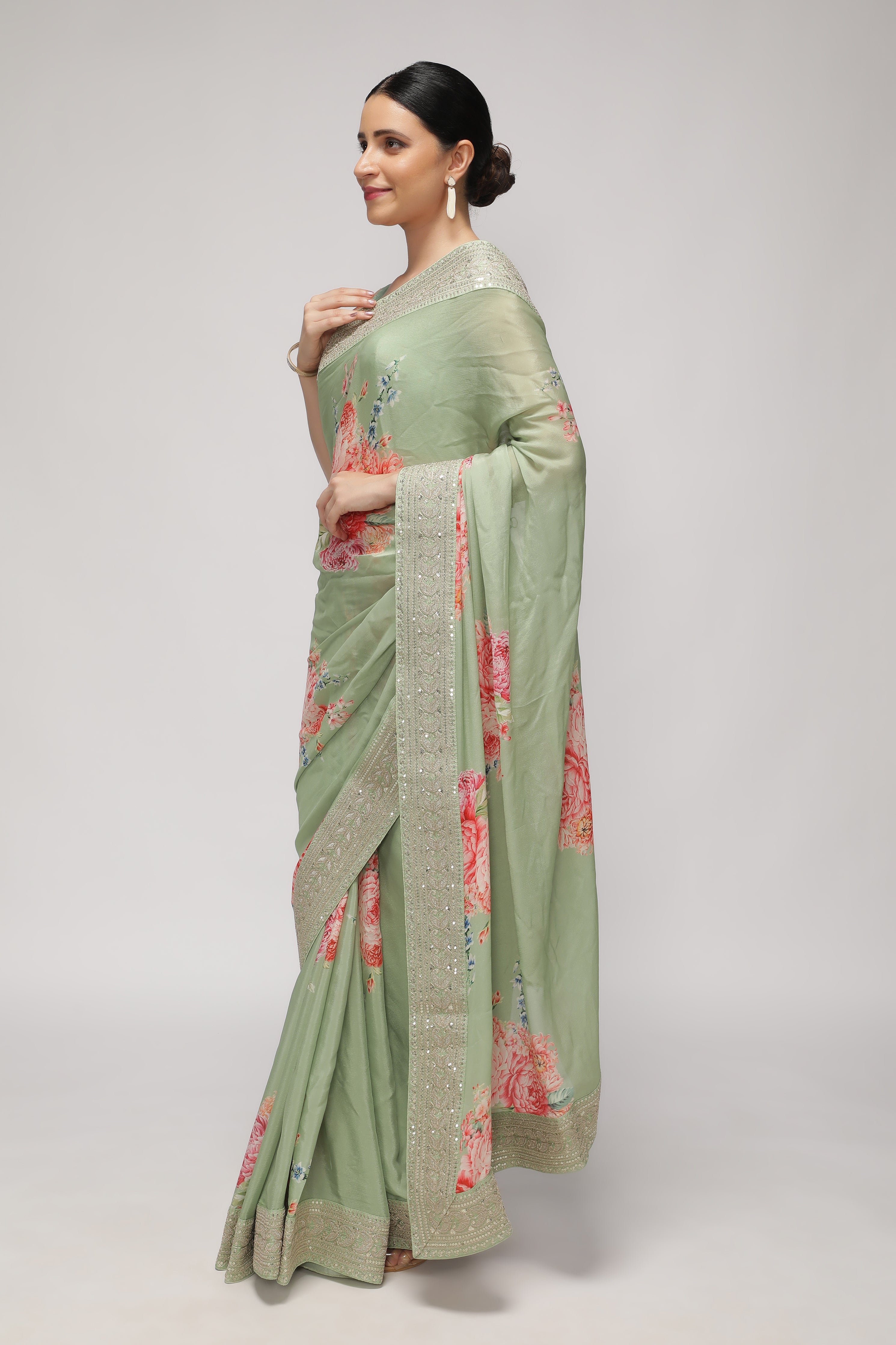 Green Crepe Georgette Saree with Floral Print & Aari Work Border