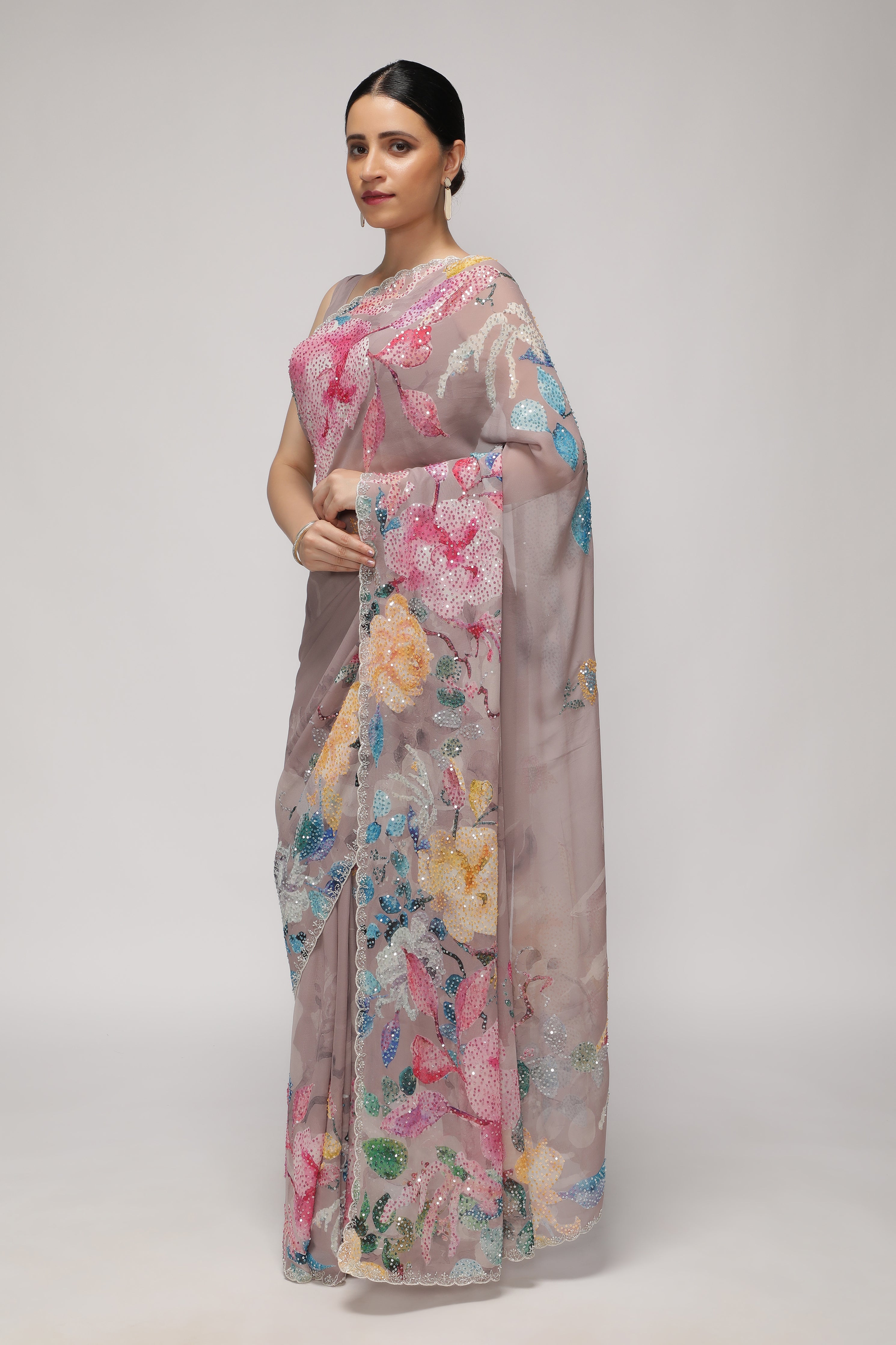 Dusty Lavender Georgette Saree with Multi-Printed Sequin Work Border