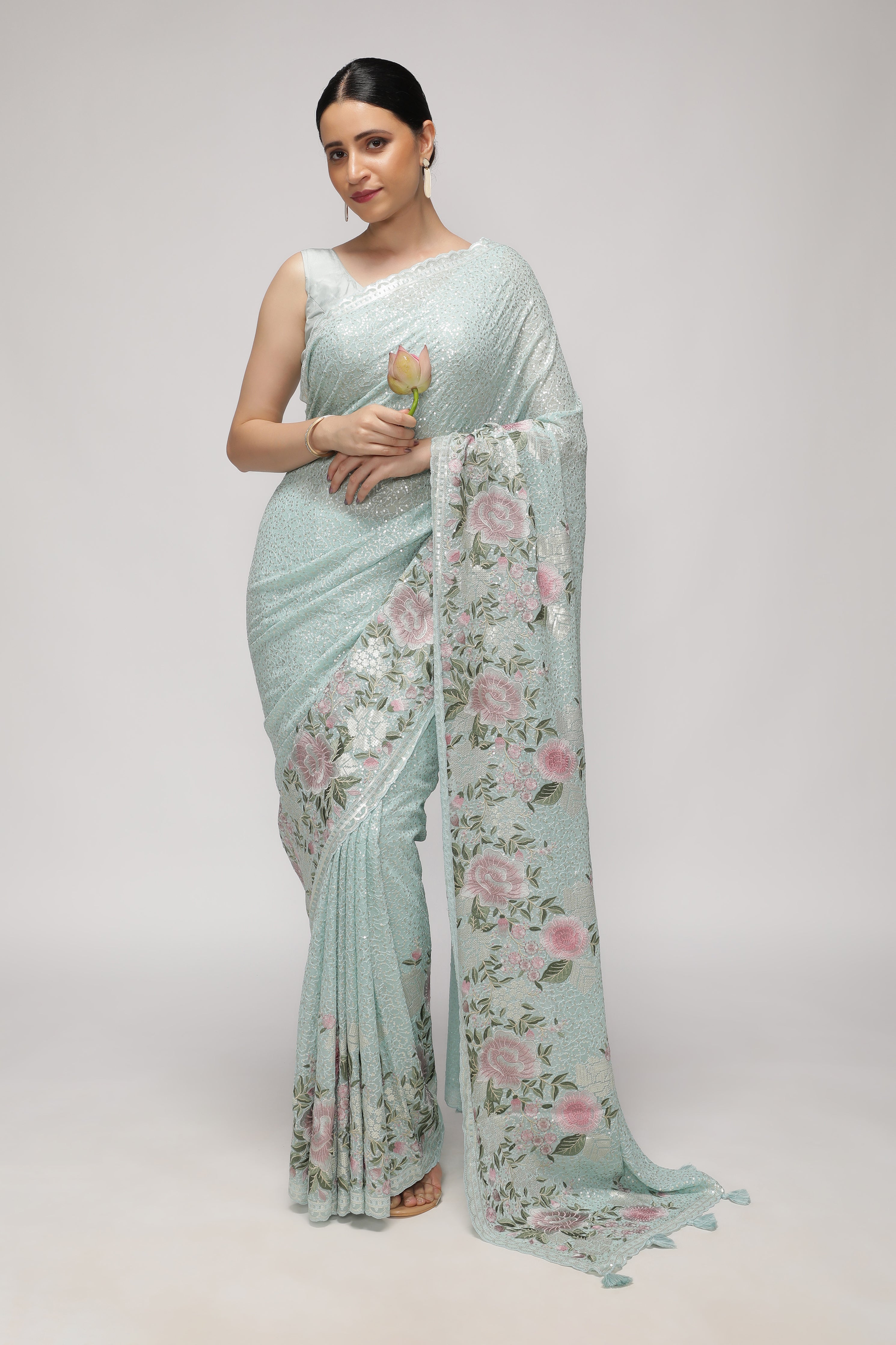Sea Blue Georgette Saree with All-Over Sequins Body & Embroidered Border