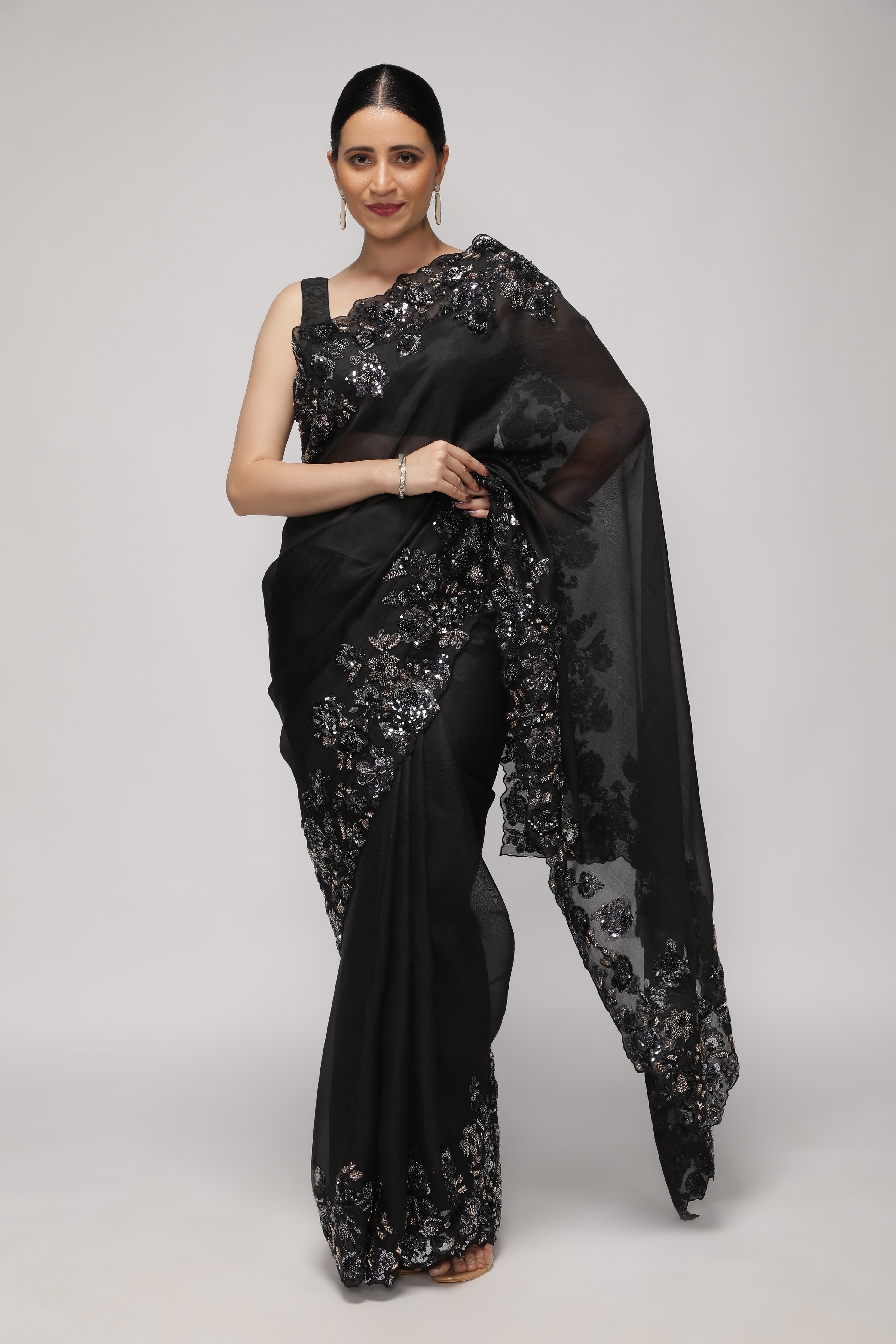 Black Organza Saree with Multi-Sequins Floral & Scallop Border
