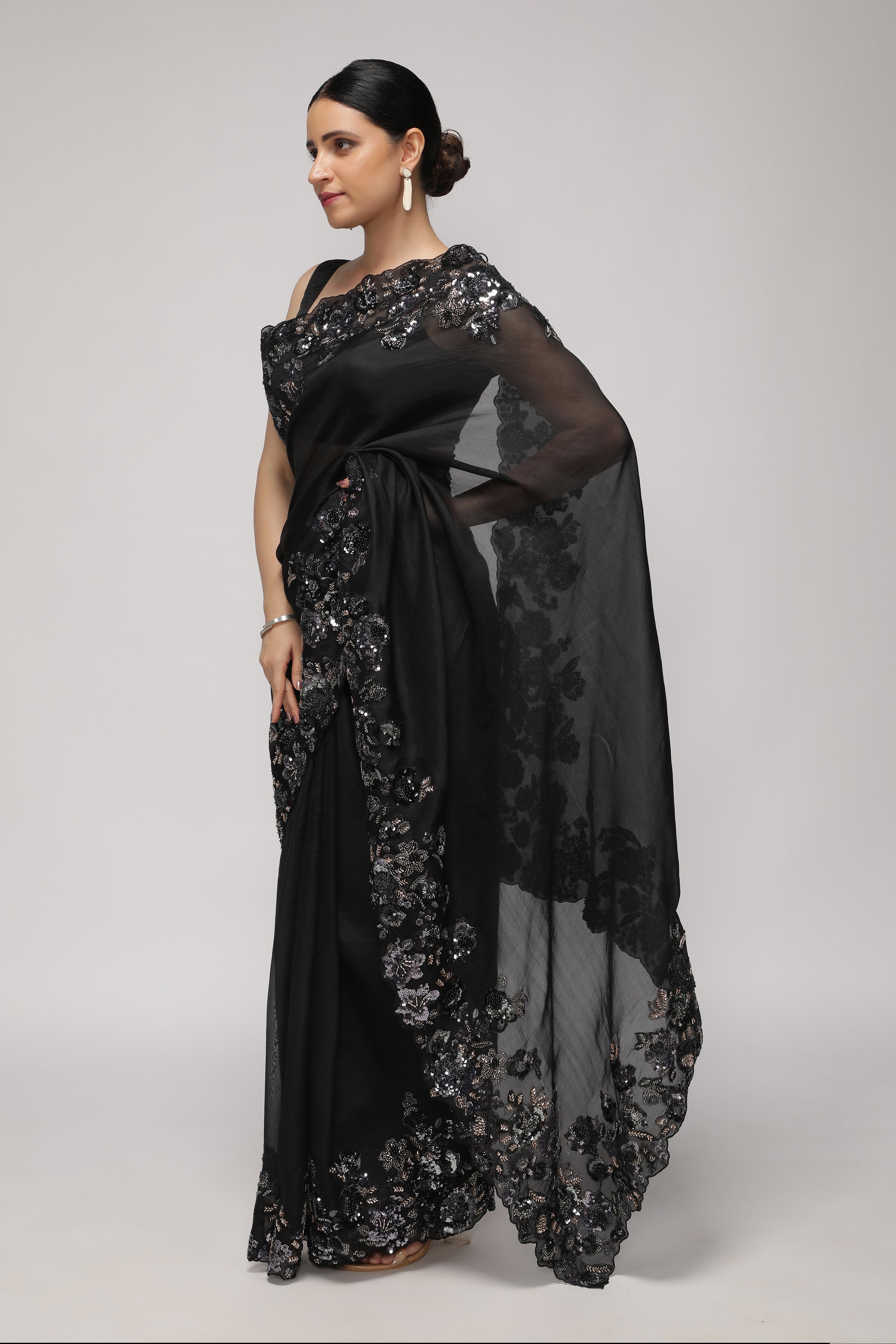 Black Organza Saree with Multi-Sequins Floral & Scallop Border