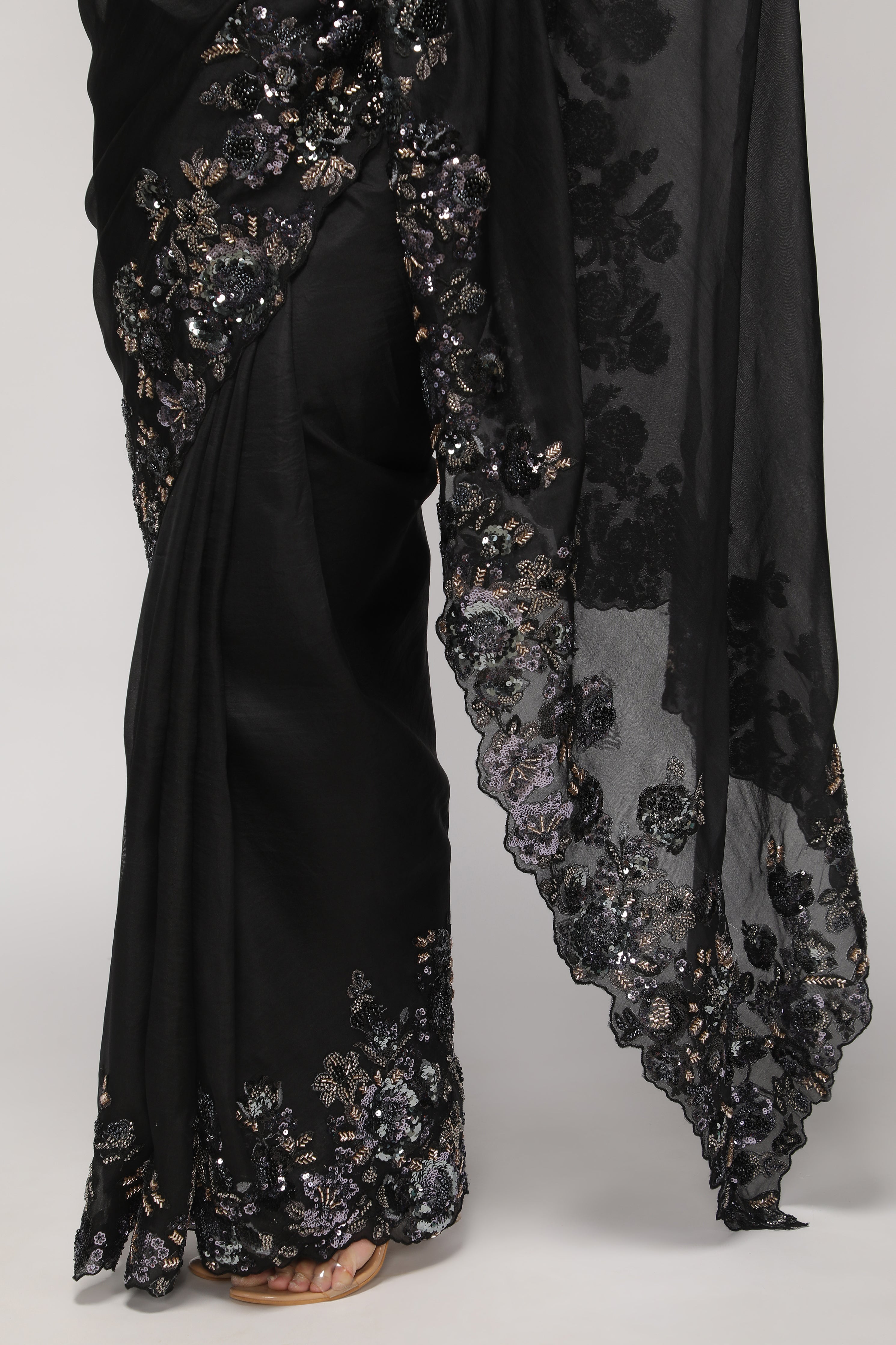 Black Organza Saree with Multi-Sequins Floral & Scallop Border