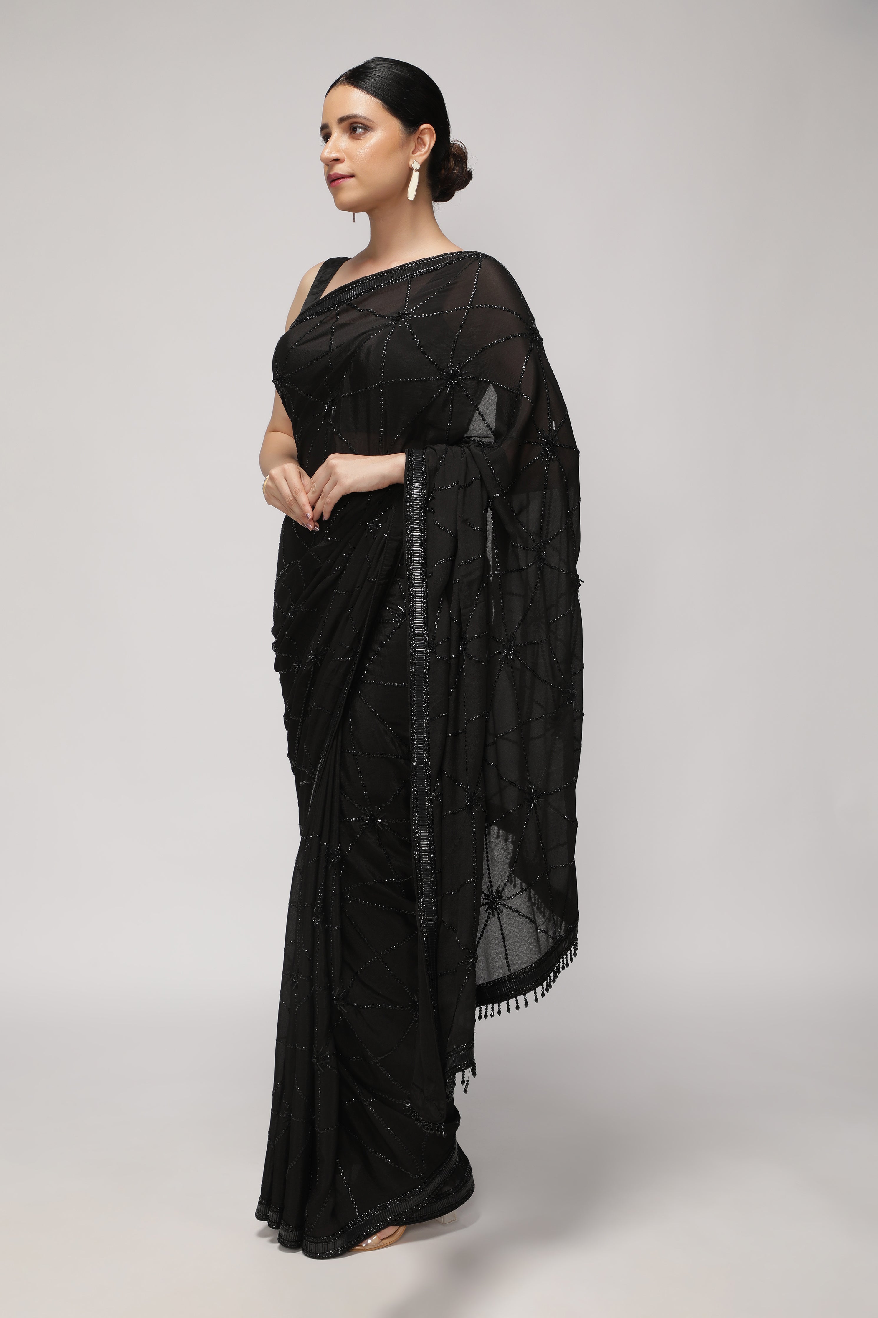 Black Crepe Chiffon Saree with All-Over Sequin Work