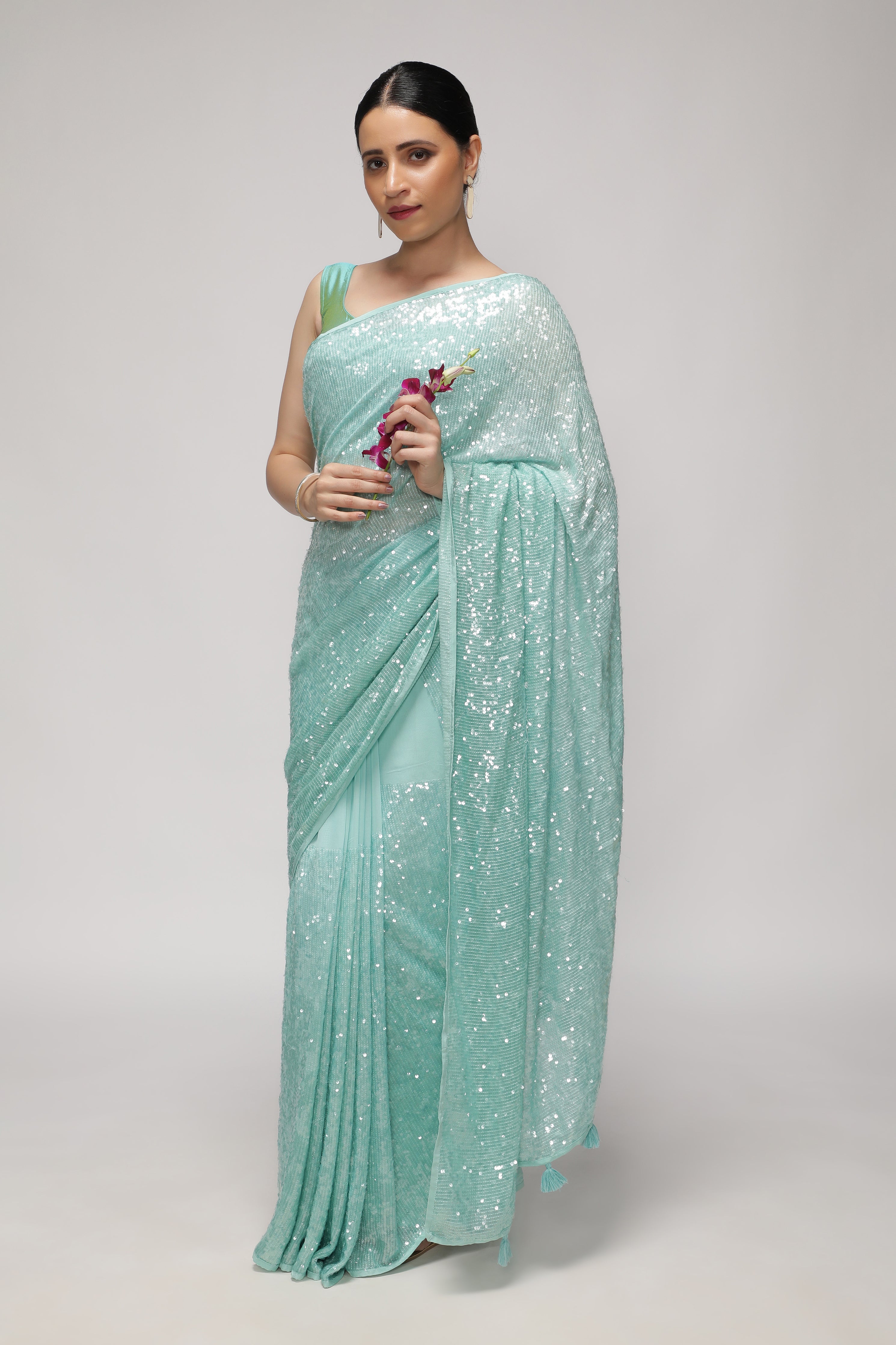 Aqua Blue Georgette Saree with Self Sequins & Thread Work