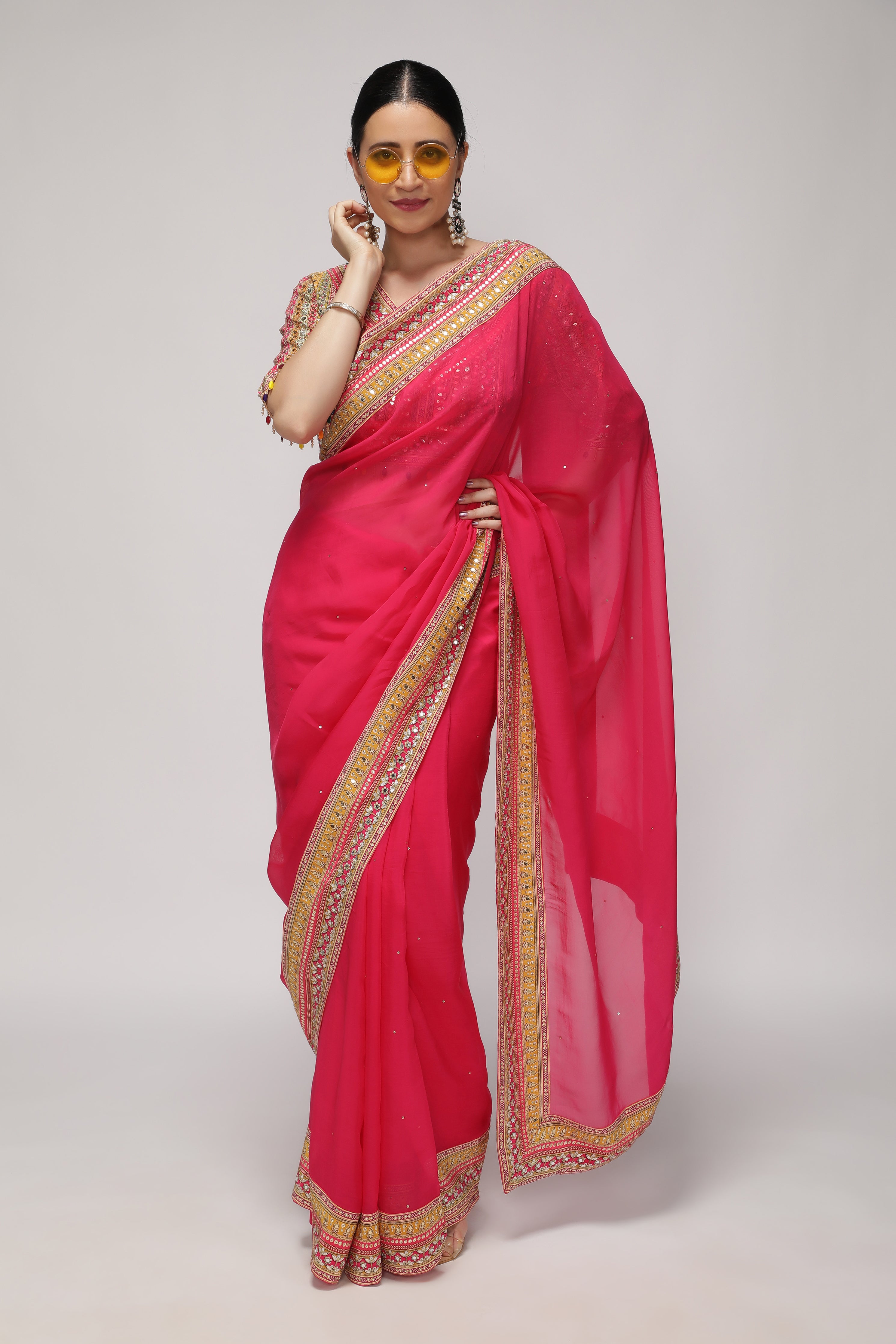 Rani Pink Silk Organza Saree with Sequin Highlights & Mirror Work Border