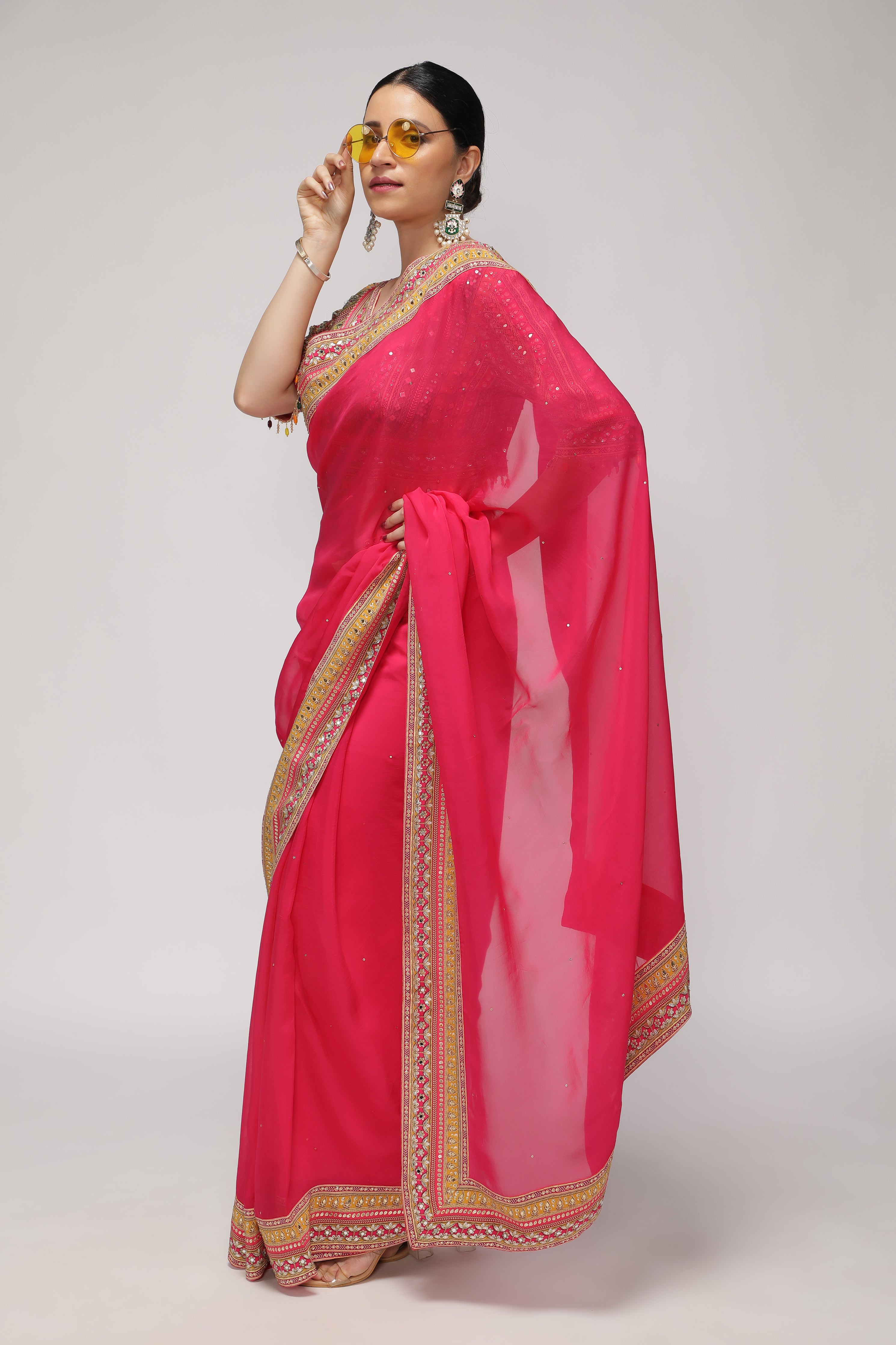 Rani Pink Silk Organza Saree with Sequin Highlights & Mirror Work Border