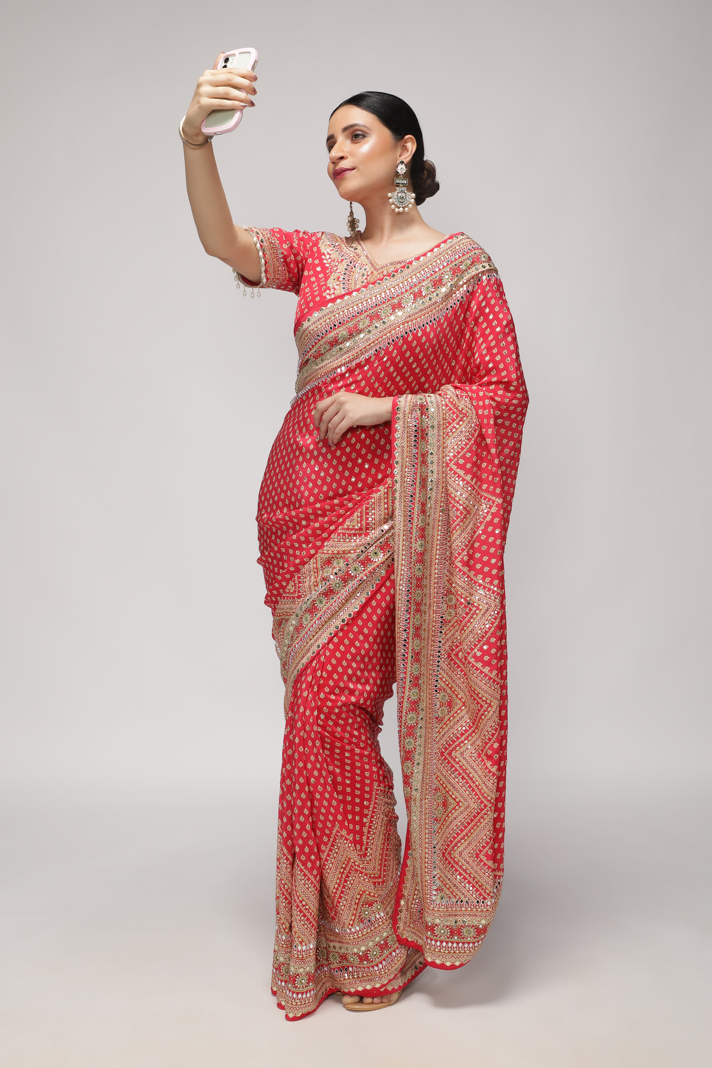 Maroonish Red Satin Silk Saree with All-Over Print, Sequin & Mirror Work