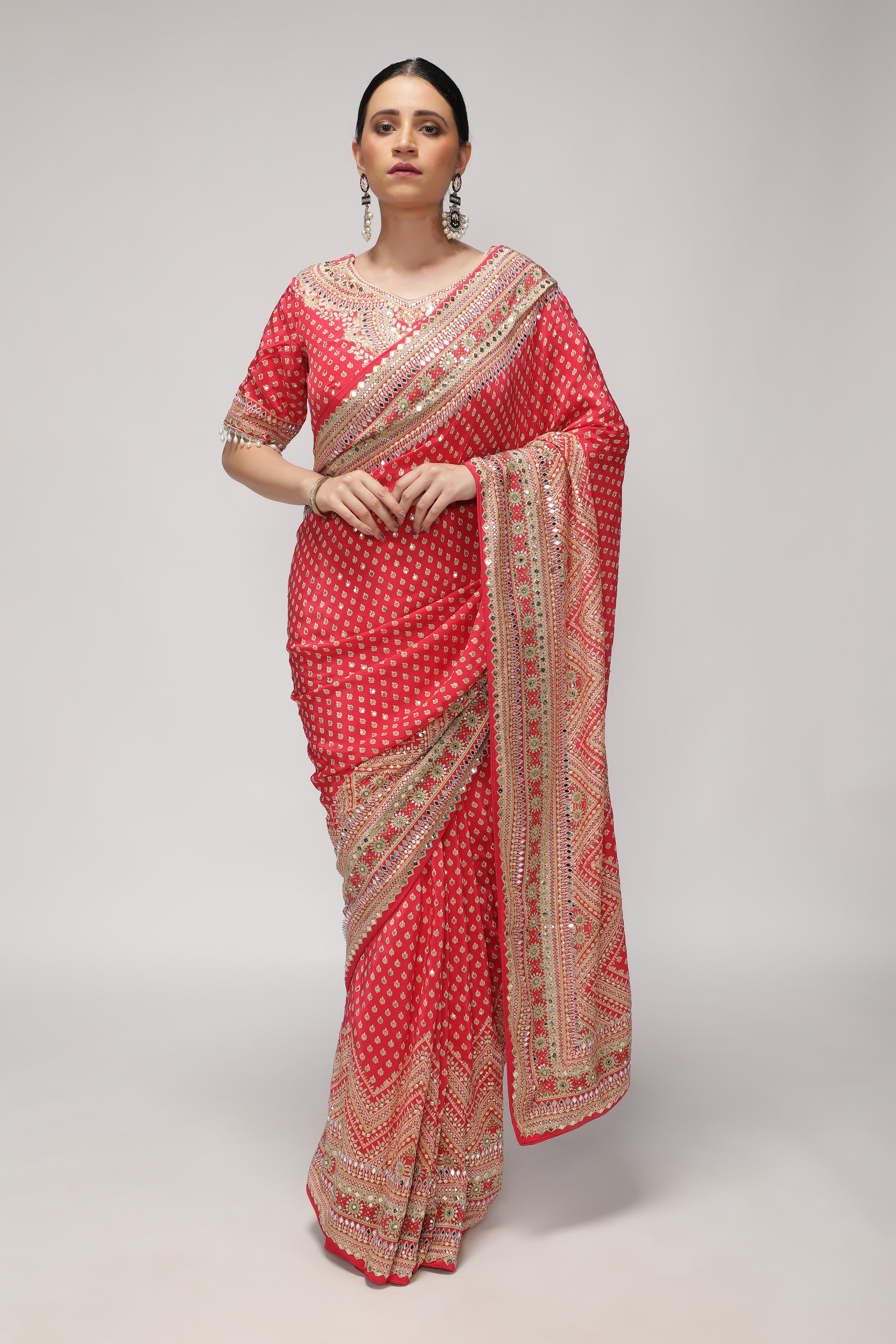 Maroonish Red Satin Silk Saree with All-Over Print, Sequin & Mirror Work