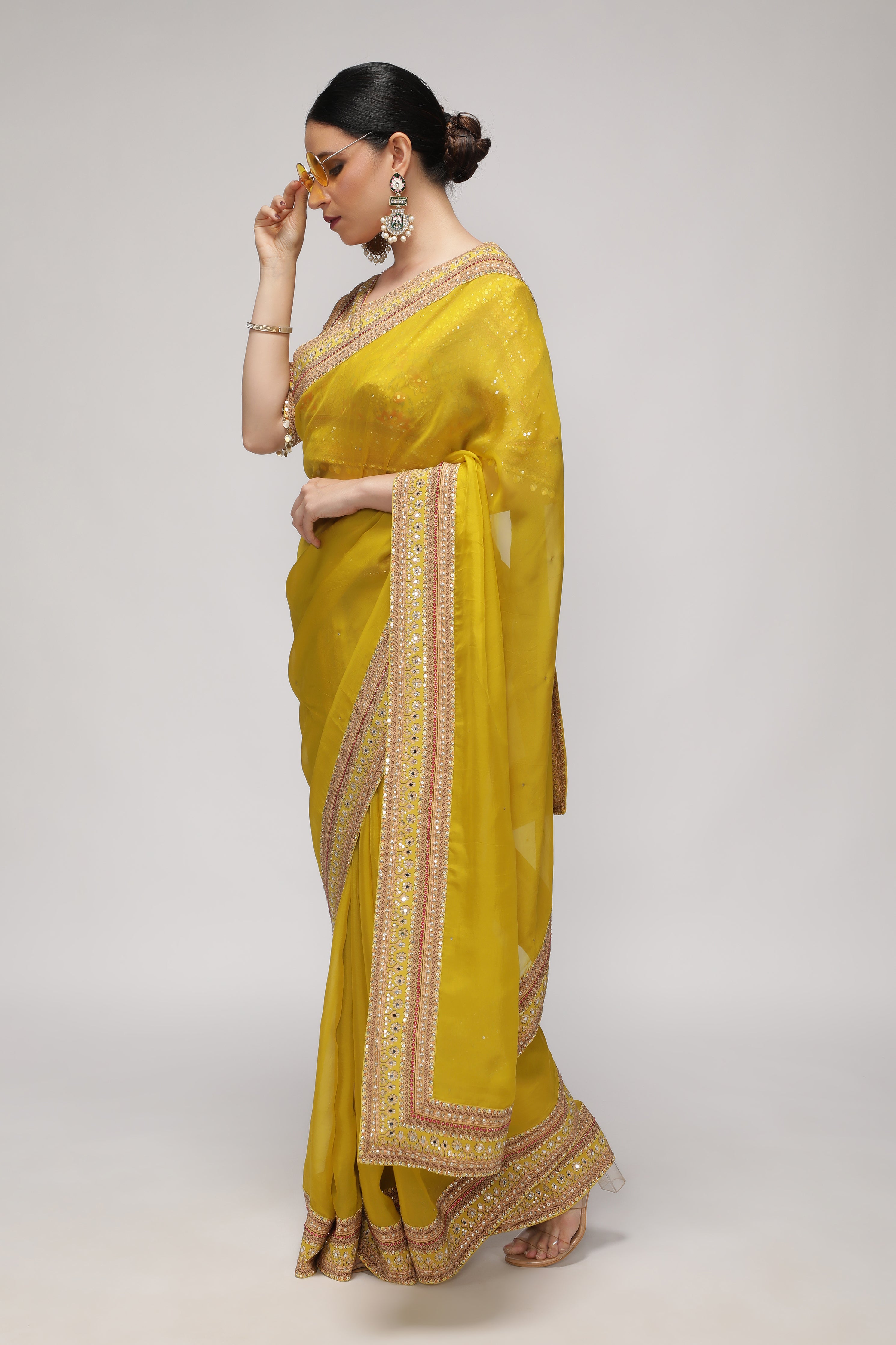 Yellow Silk Organza Saree with Sequin Highlights & Mirror Work Border