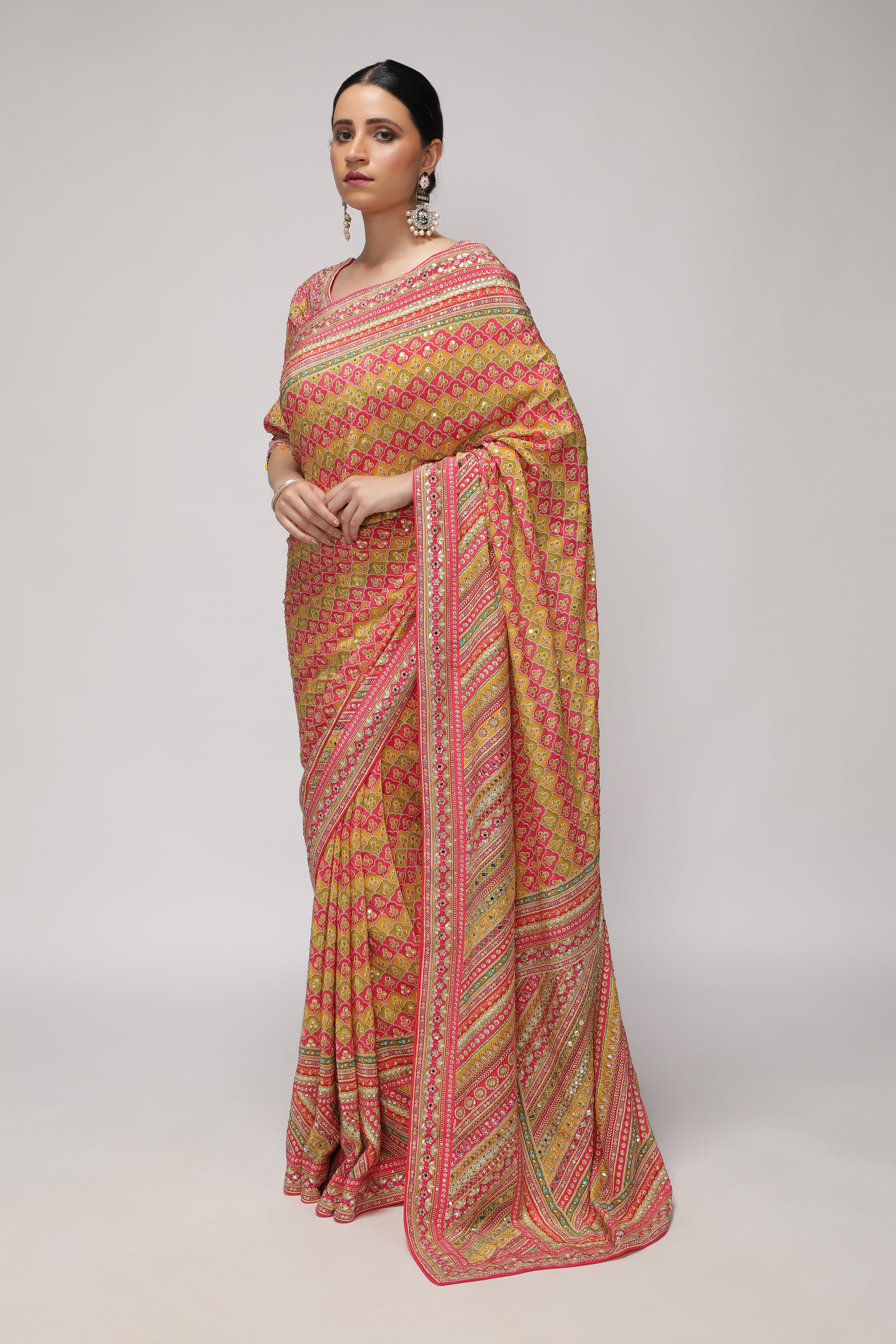 Multicolor Satin Silk Saree with All-Over Print & Sequin Embellishments