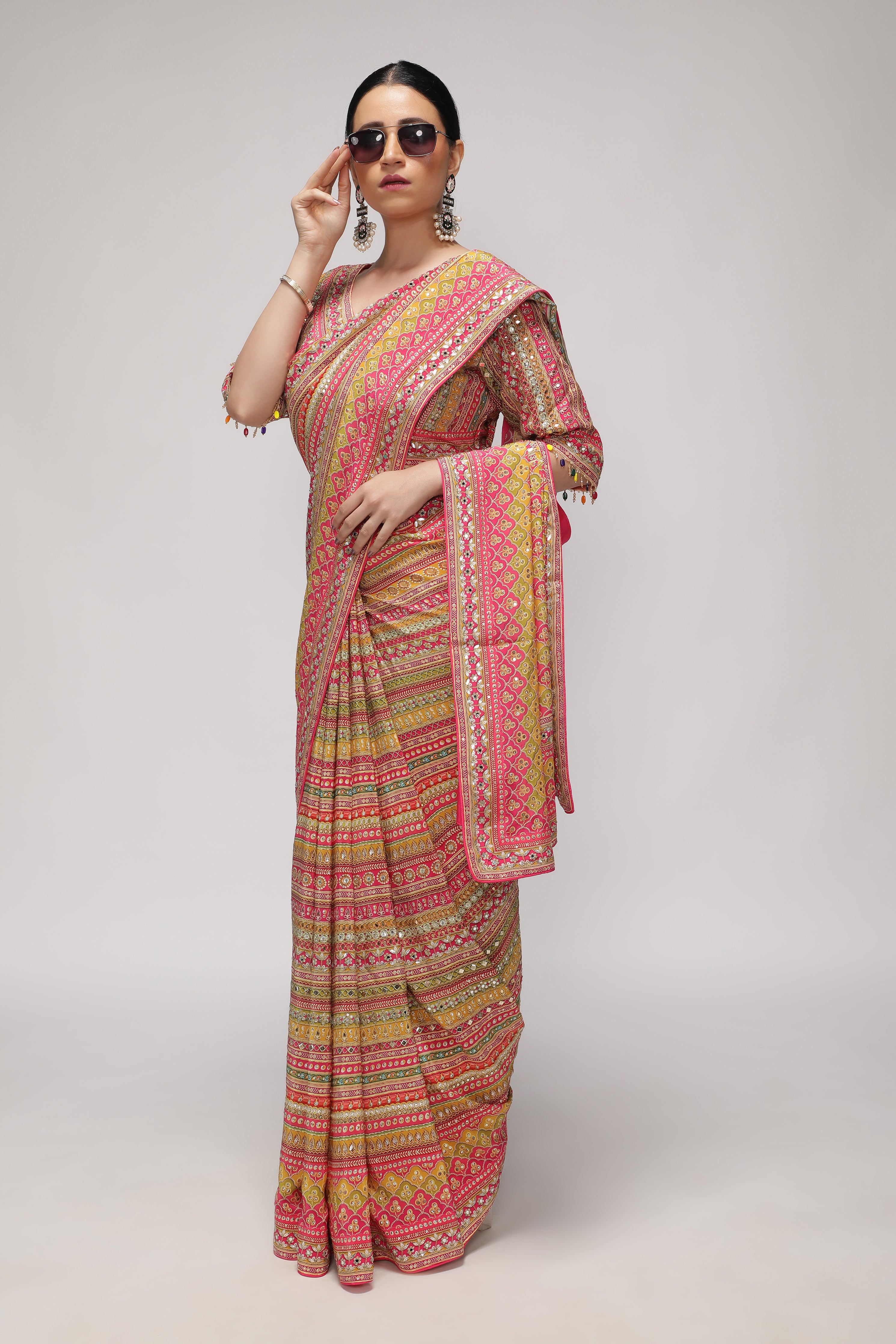Multicolor Satin Silk Saree with All-Over Print, Sequin & Mirror Work