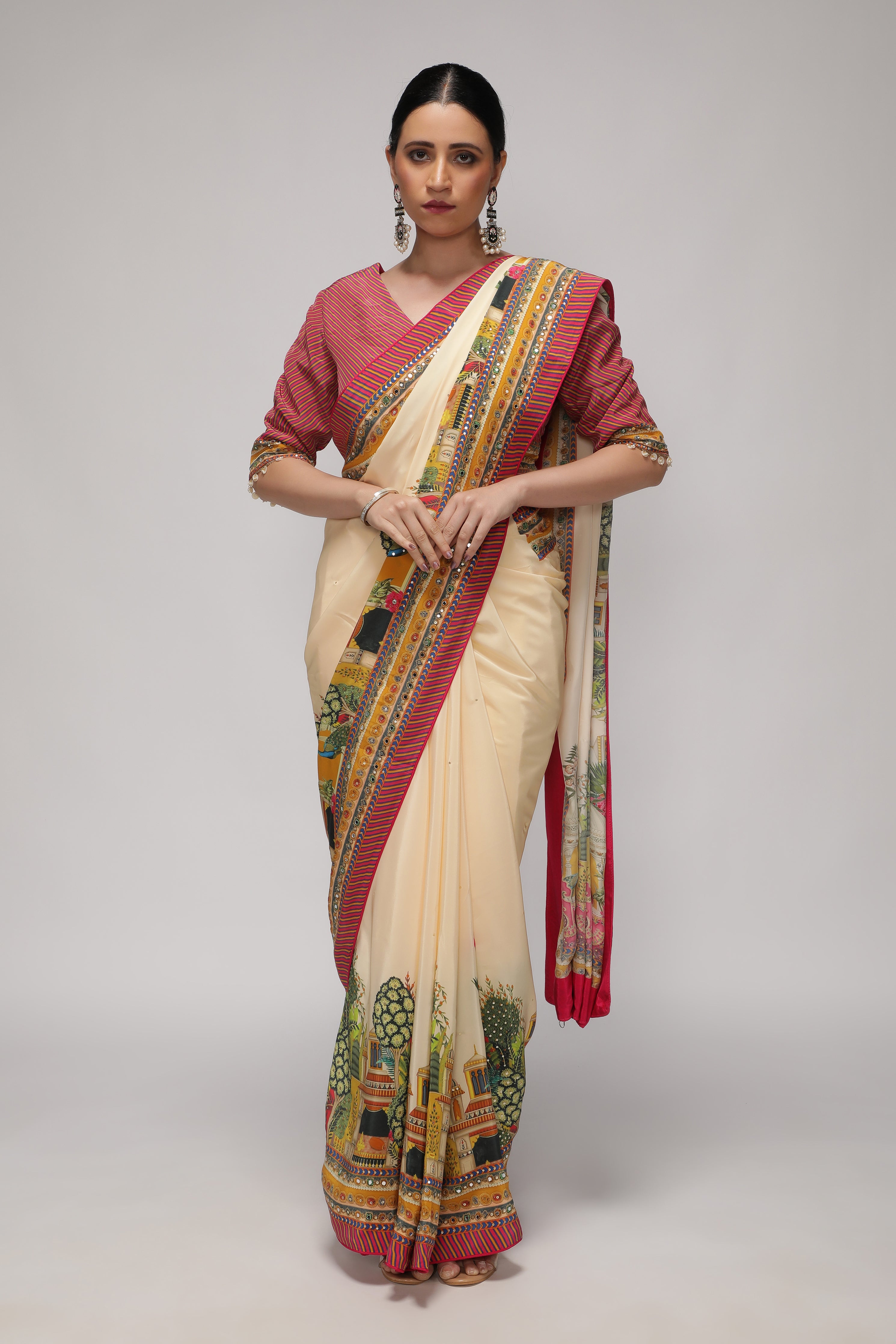 Cream Satin Silk Saree with Multicolor Printed Border