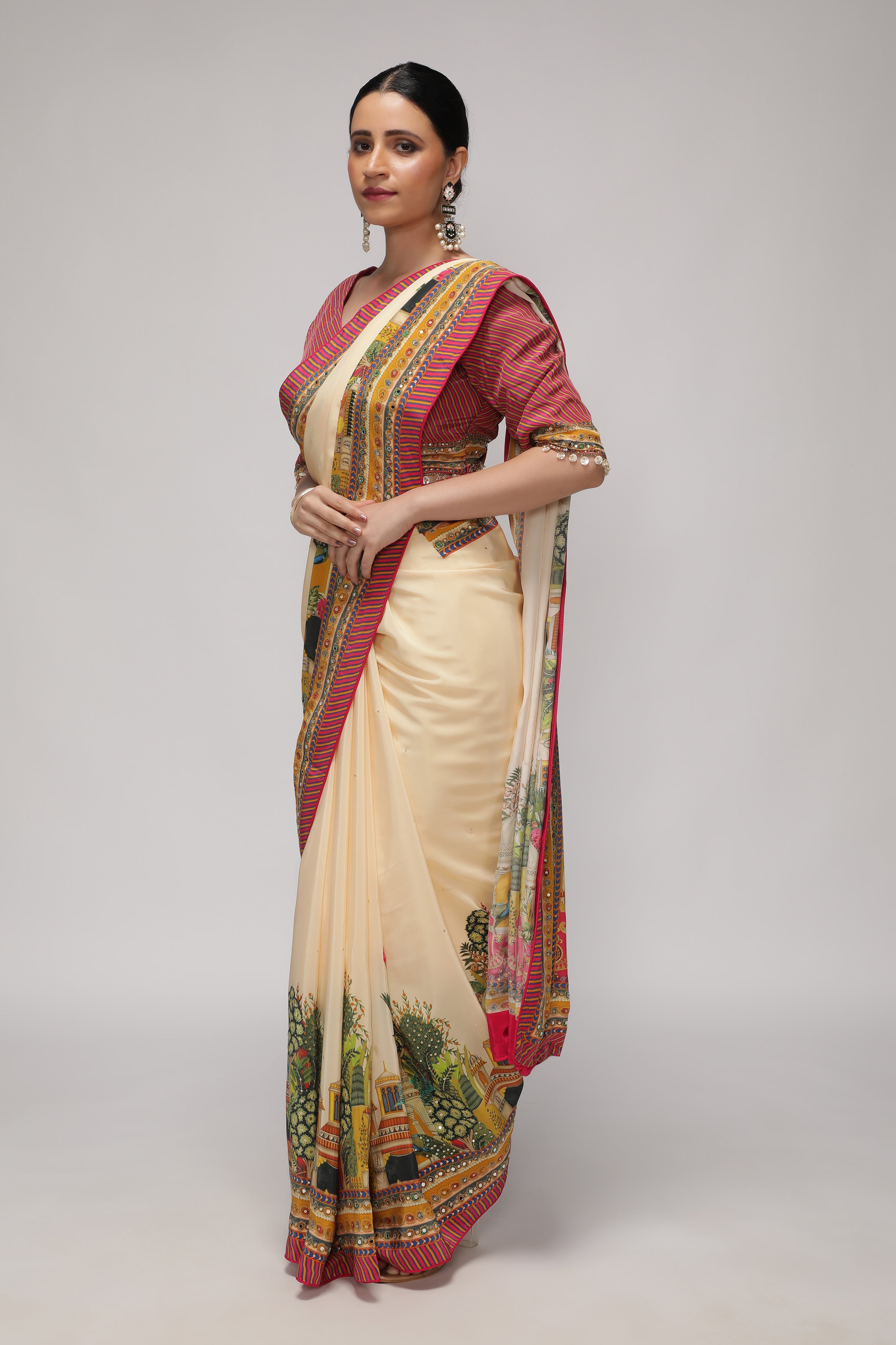 Cream Satin Silk Saree with Multicolor Printed Border