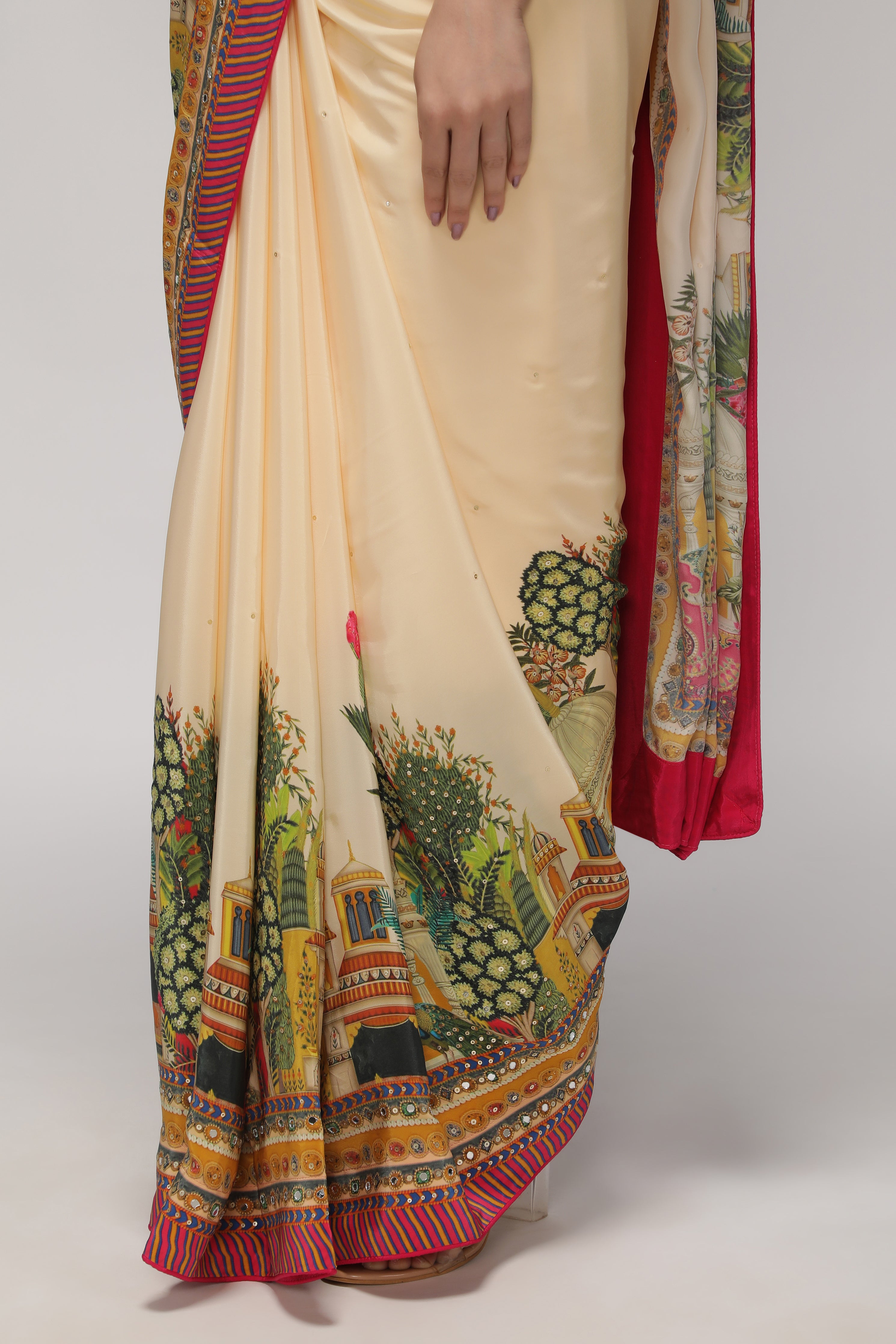 Cream Satin Silk Saree with Multicolor Printed Border