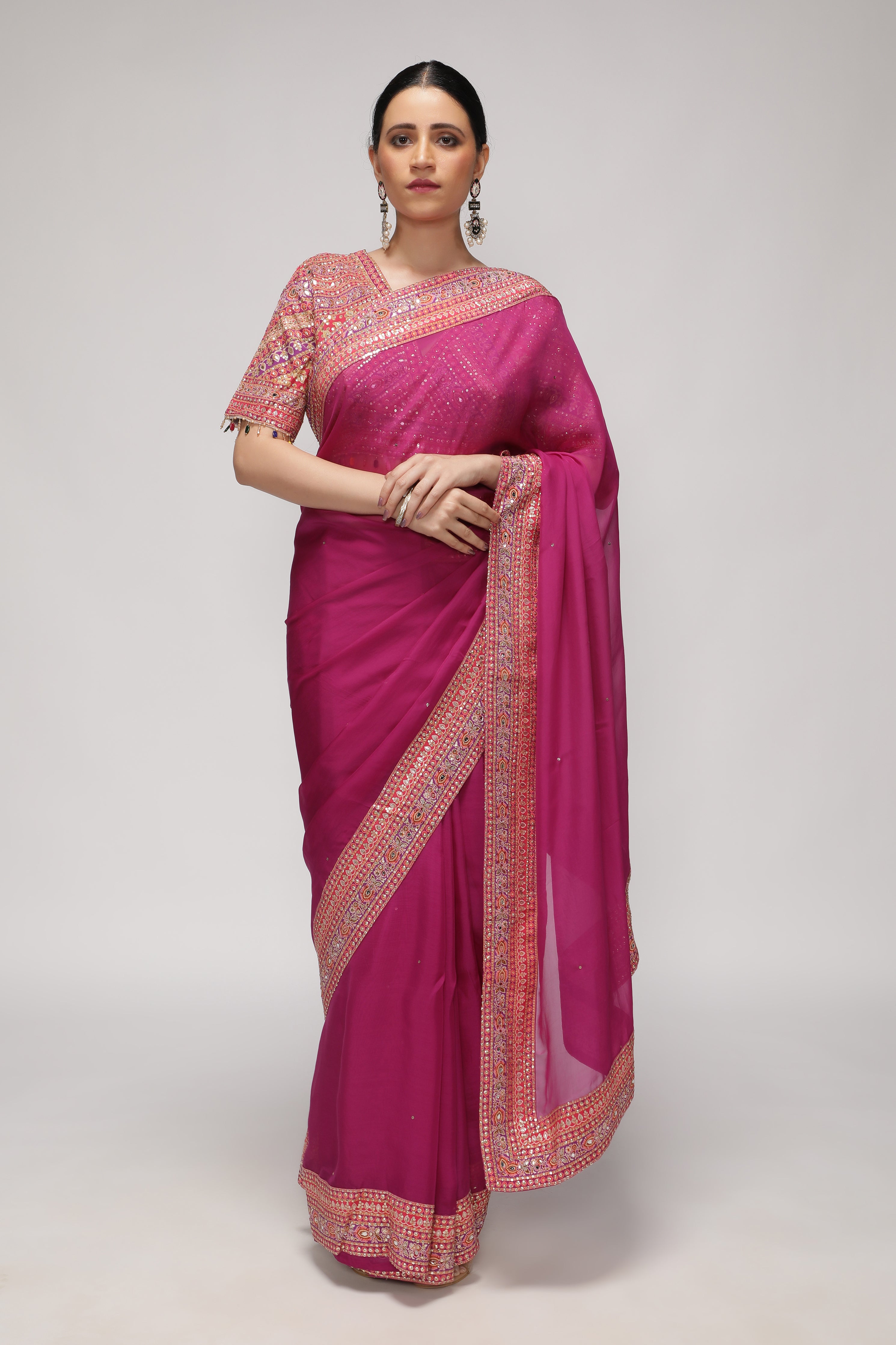 Magenta Pink Silk Organza Saree with Sequin Highlights & Mirror Work Border