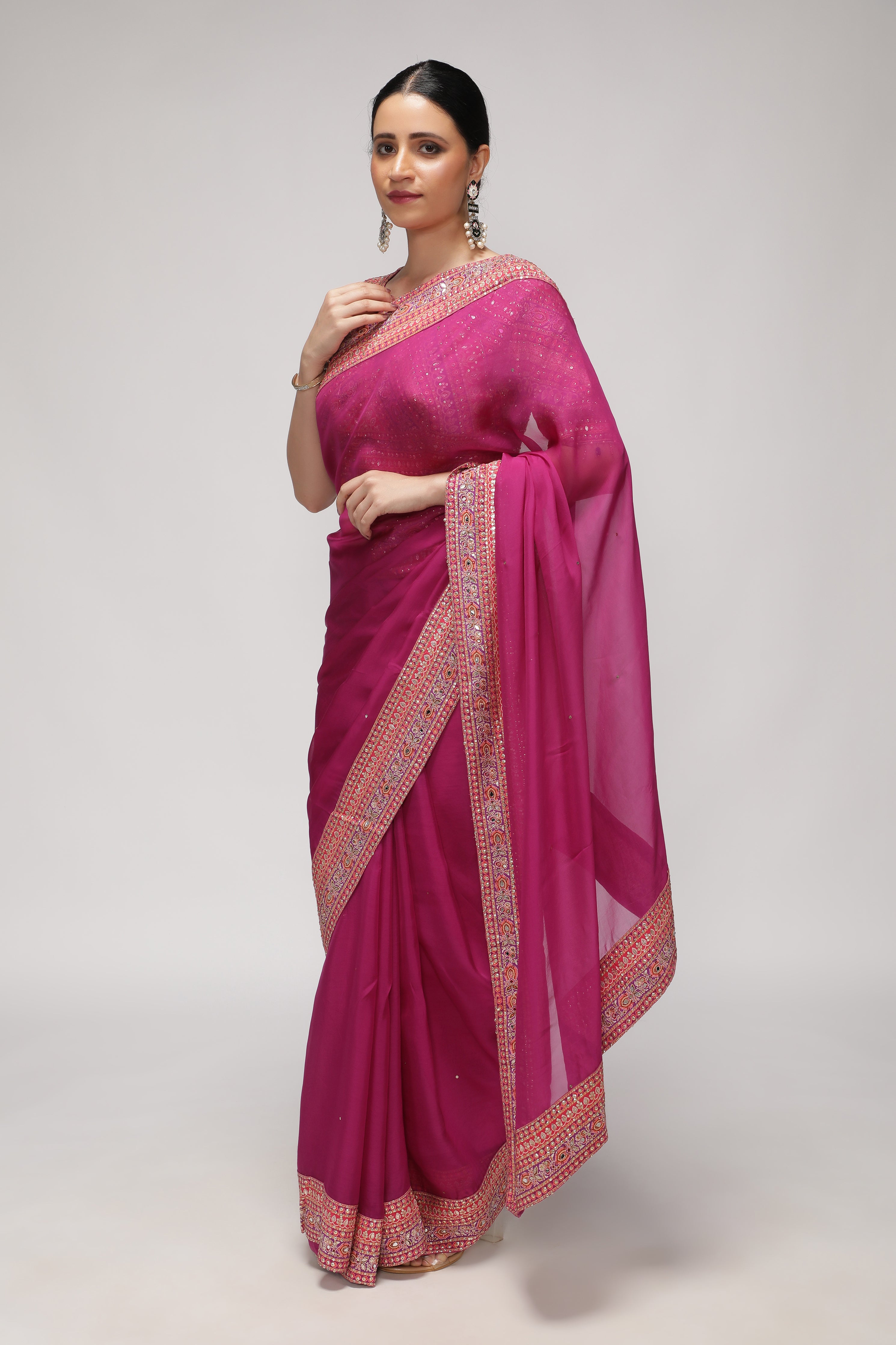 Magenta Pink Silk Organza Saree with Sequin Highlights & Mirror Work Border