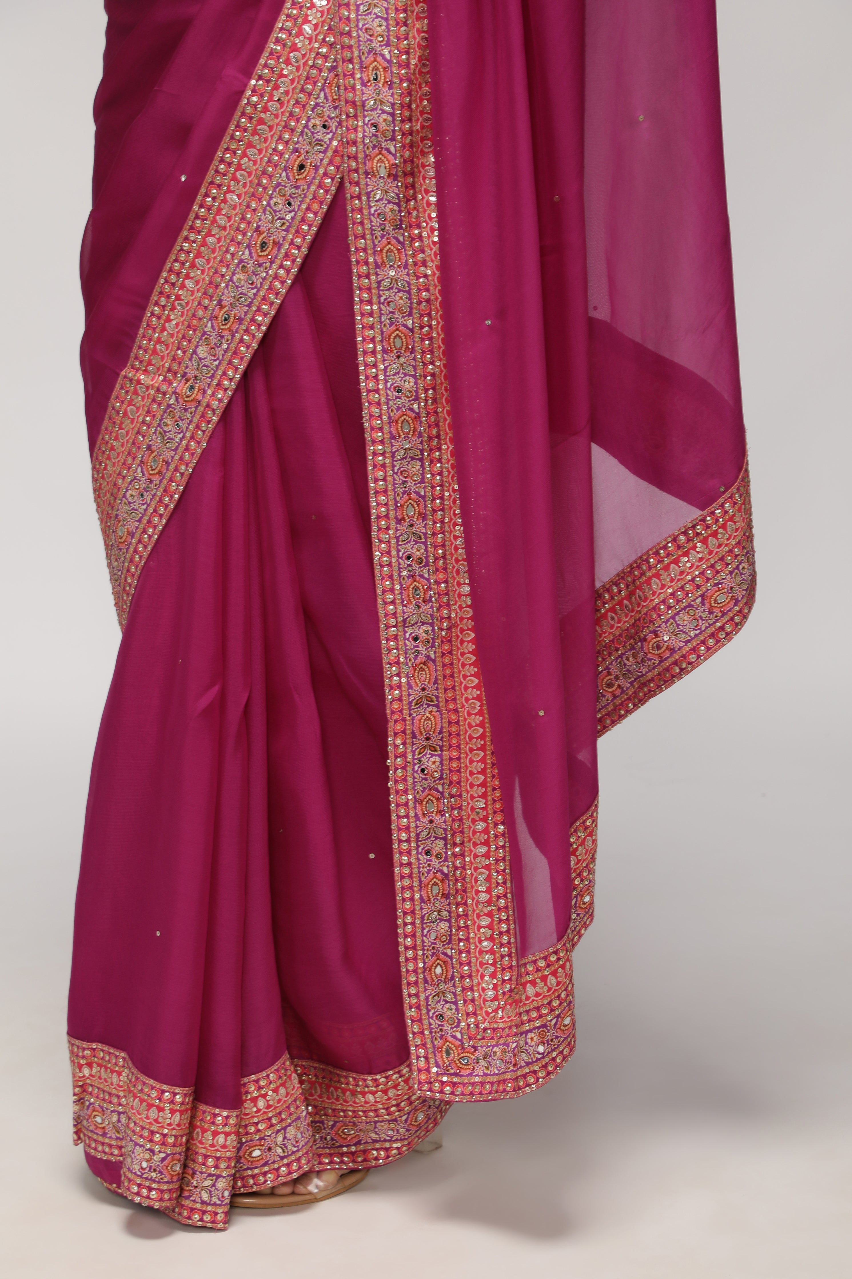 Magenta Pink Silk Organza Saree with Sequin Highlights & Mirror Work Border