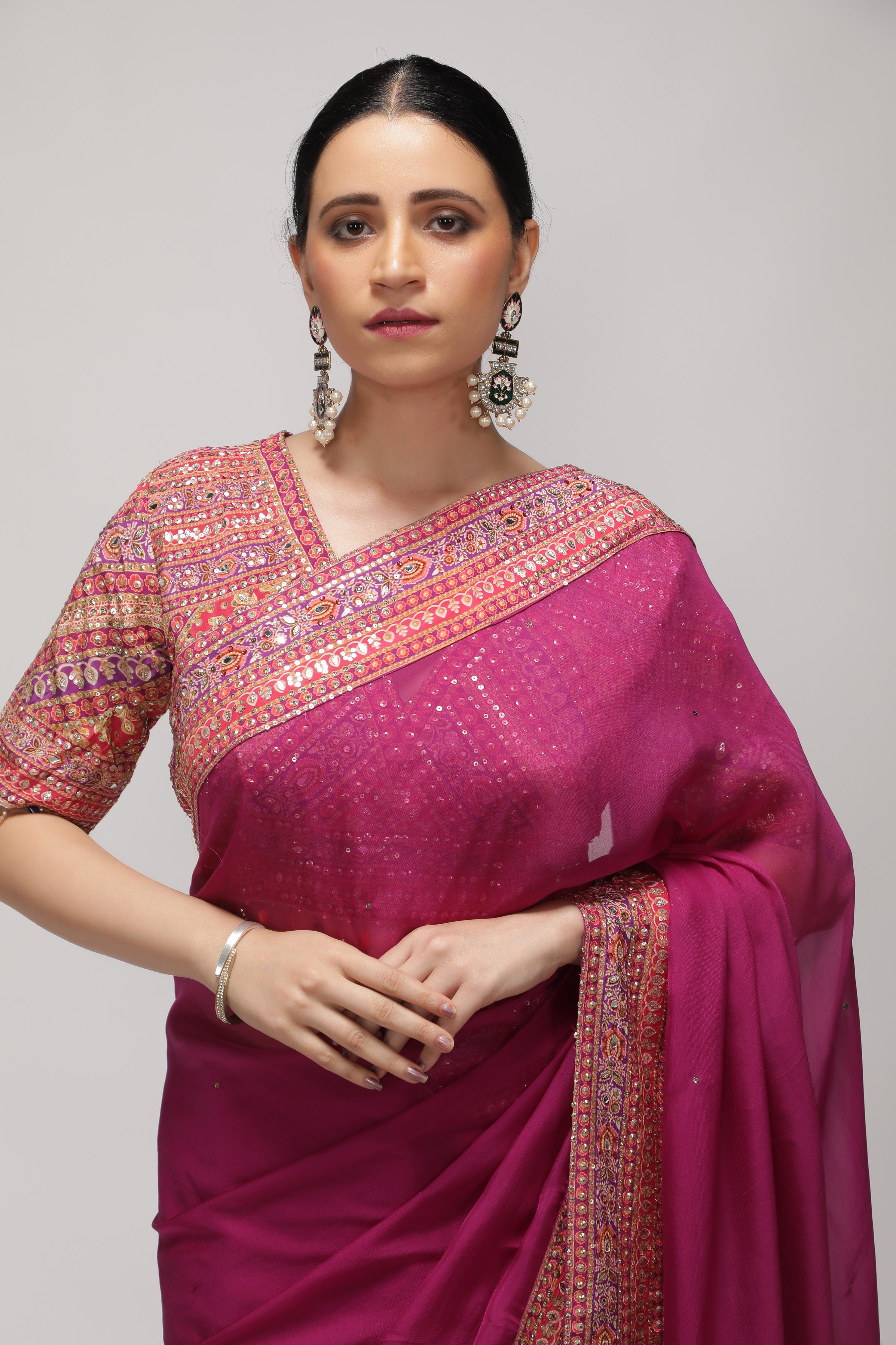 Magenta Pink Silk Organza Saree with Sequin Highlights & Mirror Work Border
